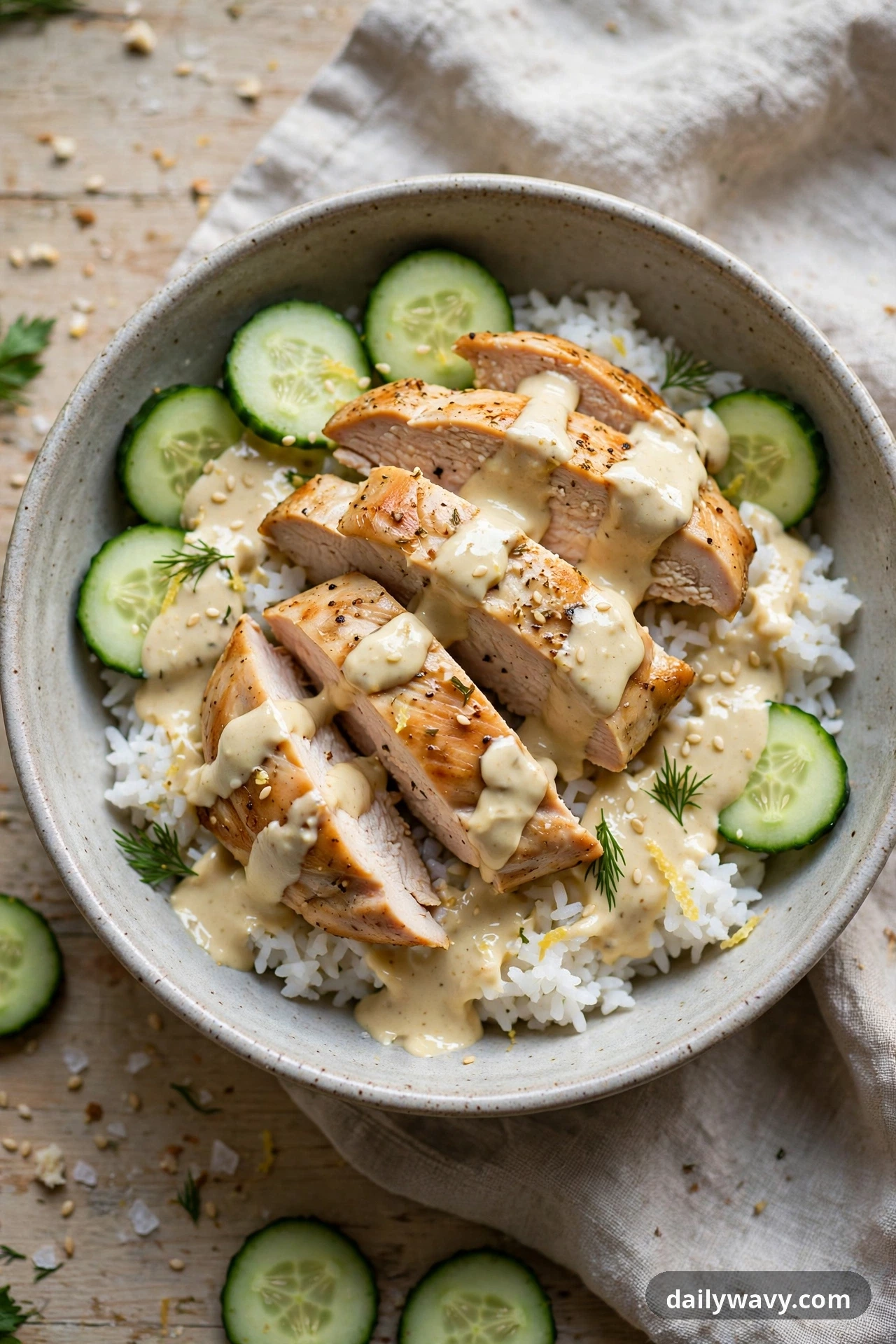 Chicken Rice Bowl With Lemon Tahini And Cucumber