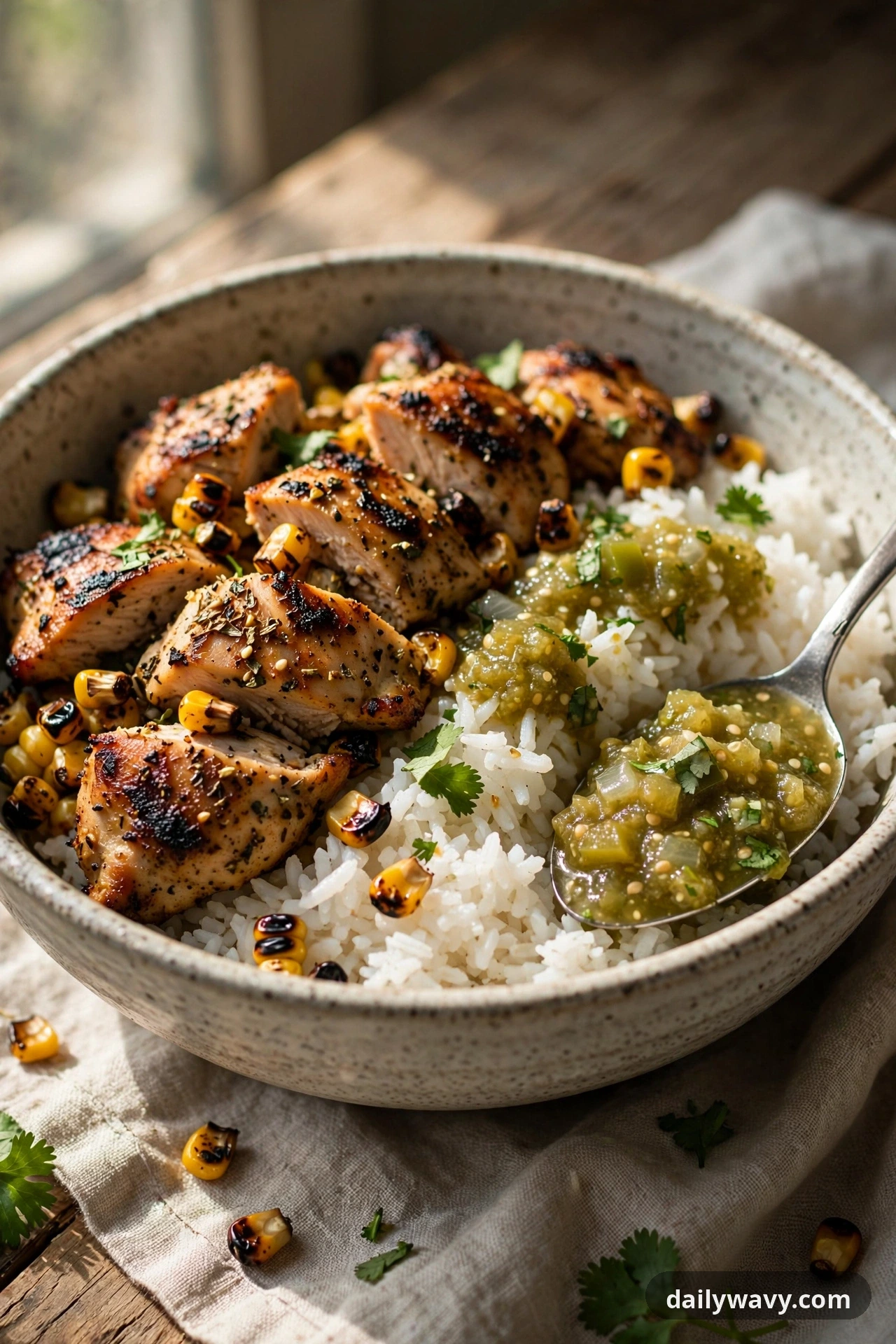 Chicken Rice Bowl With Salsa Verde And Corn