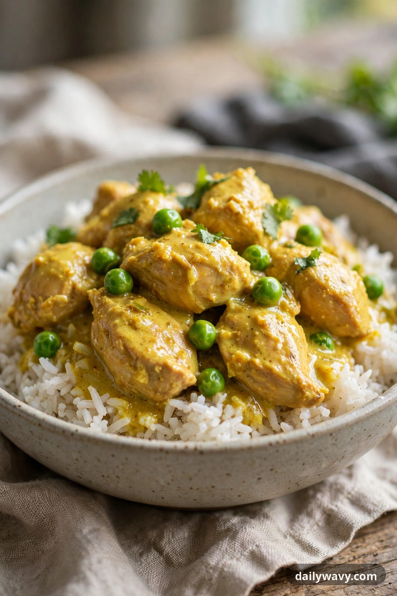 Chicken Rice Bowl With Curry Sauce And Peas