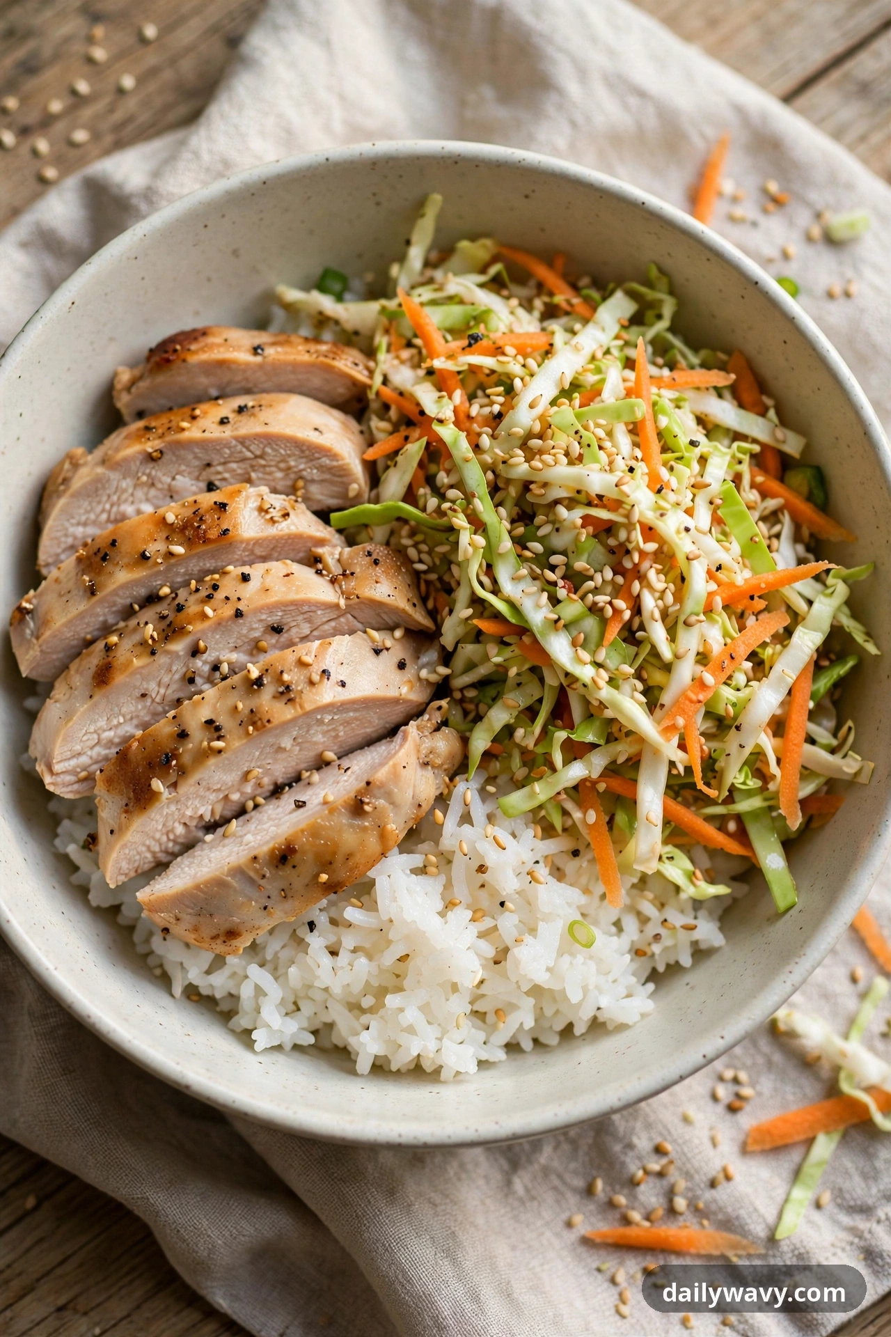 Chicken Rice Bowl With Sesame Cabbage Slaw