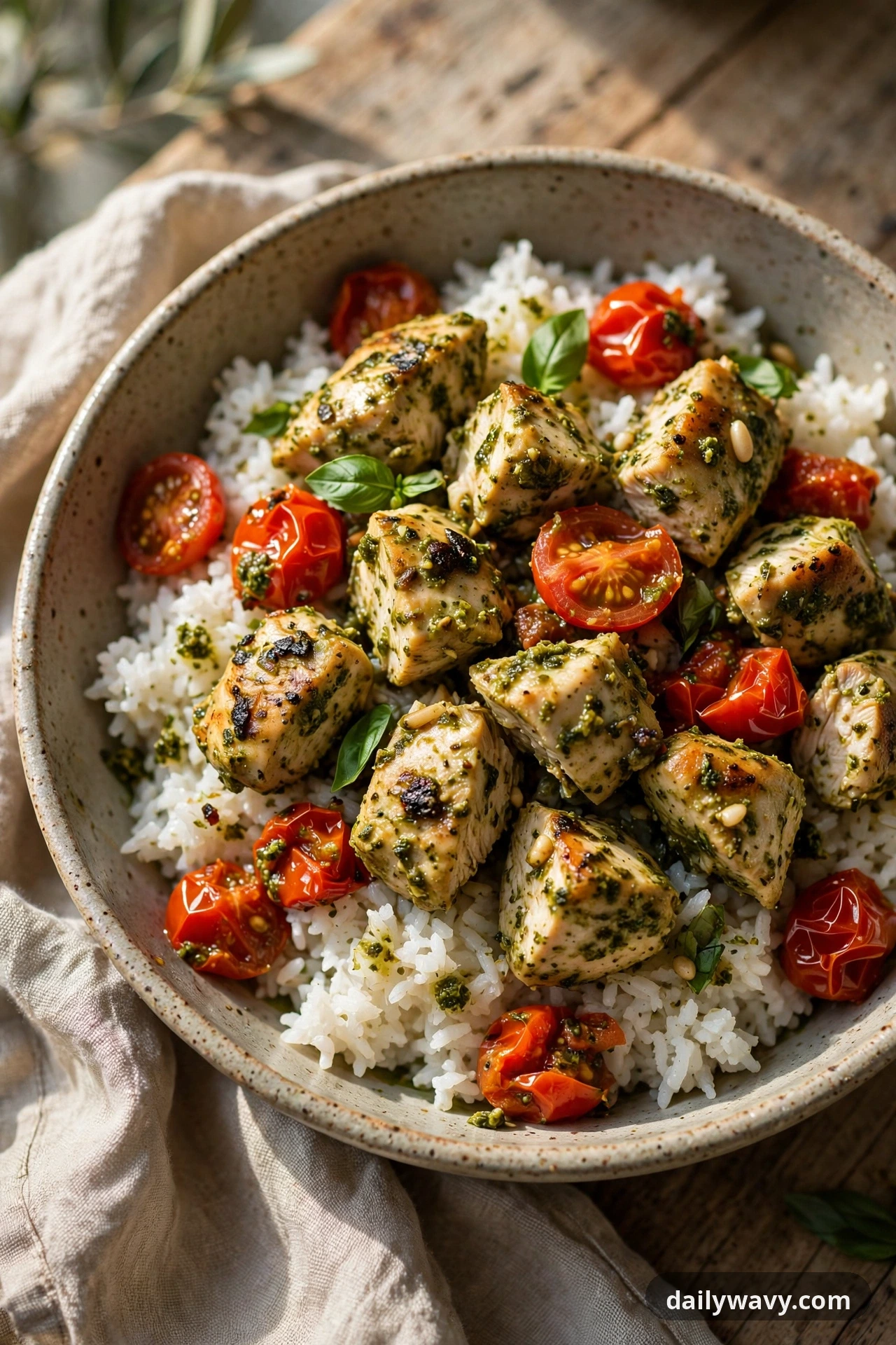 Chicken Rice Bowl With Pesto And Tomatoes