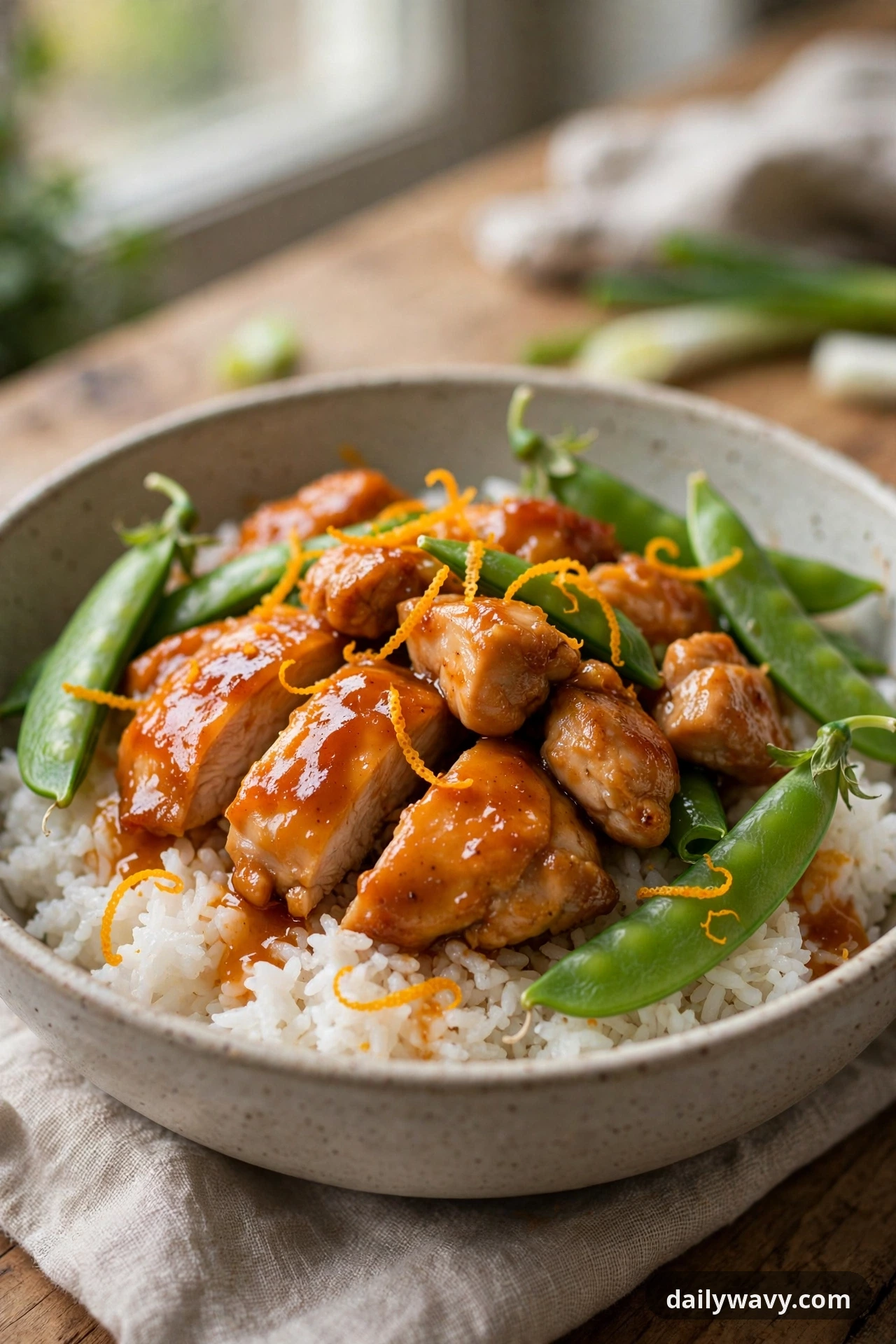 Chicken Rice Bowl With Orange Ginger And Snap Peas