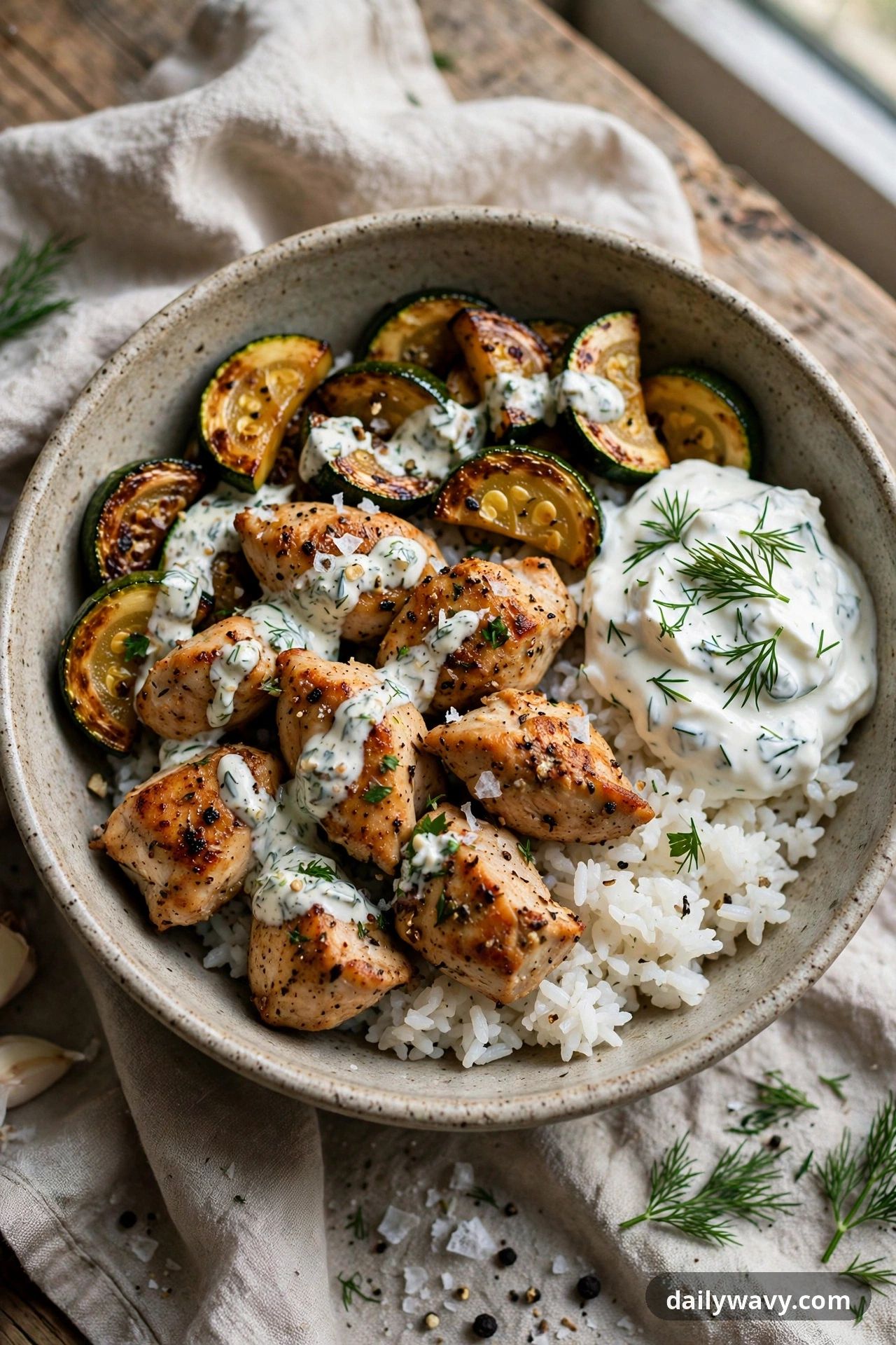 Chicken Rice Bowl With Yogurt Herbs And Zucchini