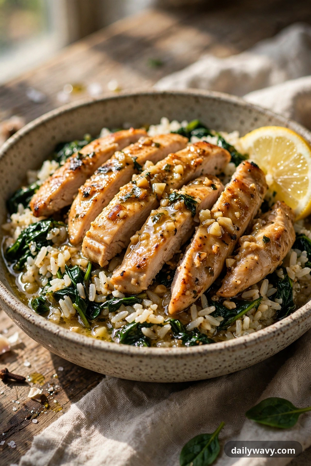 Chicken Rice Bowl With Garlic Sauce And Spinach
