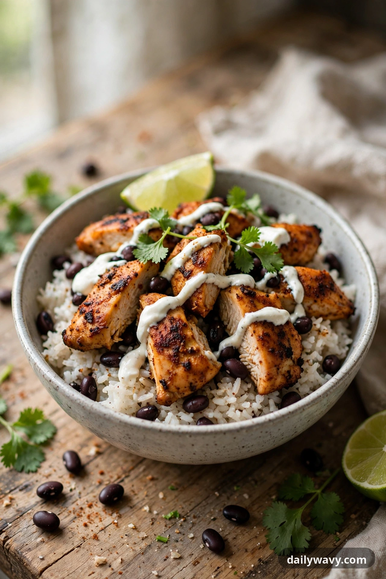 Chicken Rice Bowl With Lime Crema And Beans