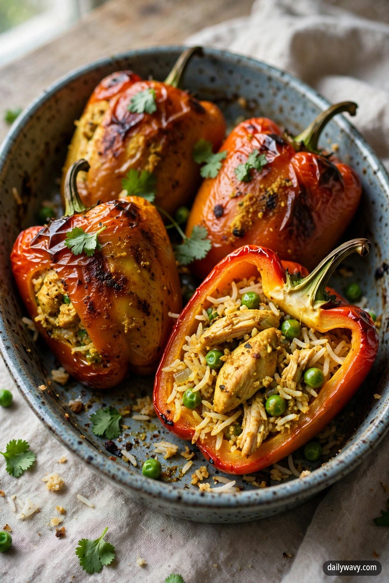 Roasted orange bell peppers stuffed with curried chicken, basmati rice and peas in a baking dish, one pepper cut open to show the golden curry chicken-and-rice filling, garnished with cilantro.