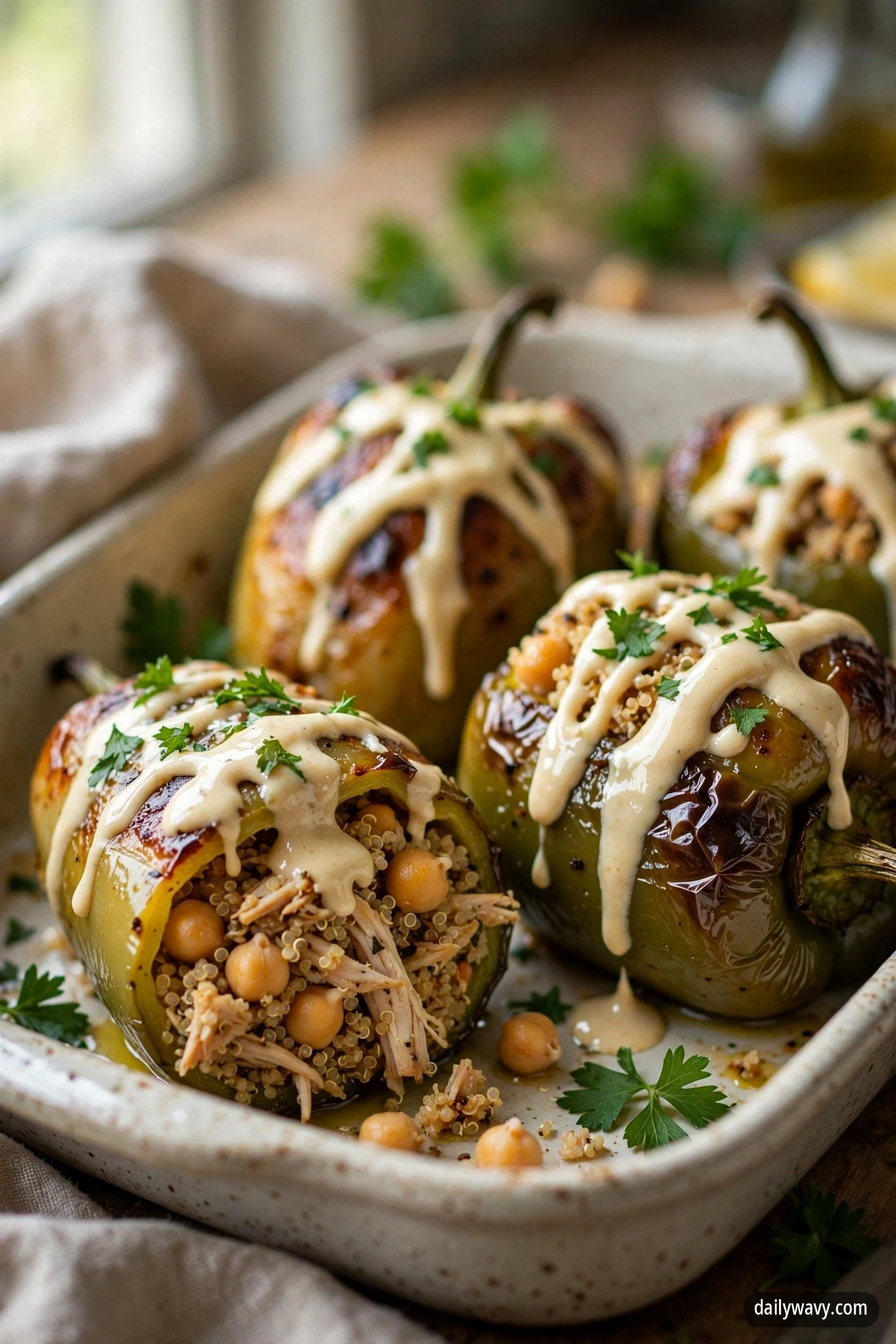 Roasted green bell peppers stuffed with chicken, quinoa and chickpeas in a baking dish, one pepper cut open to show the chickpea-and-quinoa filling under a drizzle of lemon tahini sauce with parsley.
