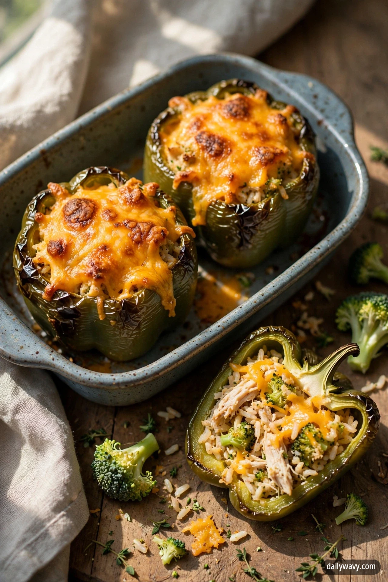 Roasted green bell peppers stuffed with chicken, rice and broccoli in a baking dish, one pepper cut open to show the broccoli-and-cheddar filling, with broccoli florets scattered on the table.