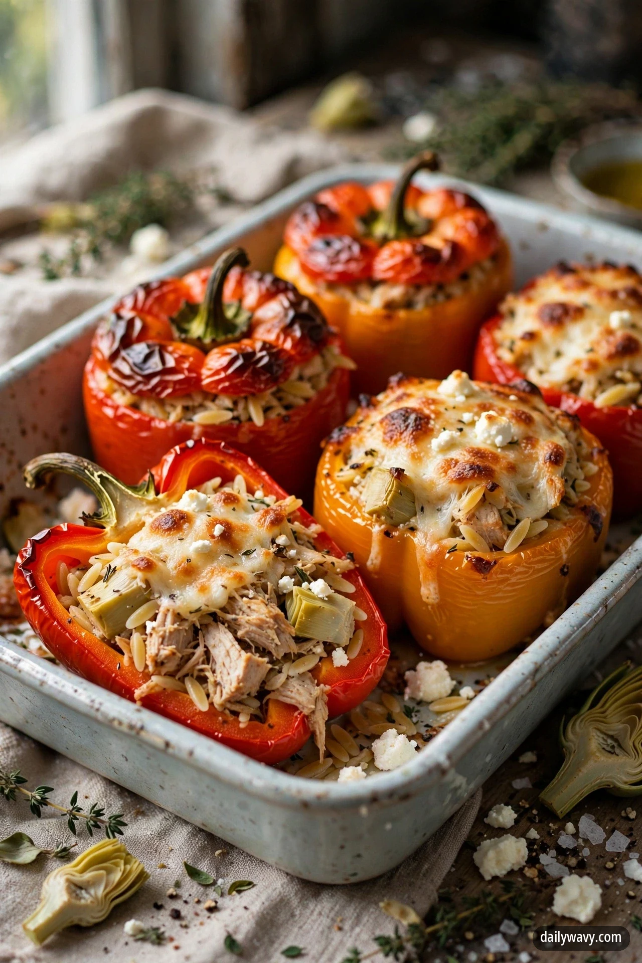 Roasted red bell peppers stuffed with chicken, orzo and artichoke hearts in a baking dish, one pepper cut open to show the artichoke-and-chicken filling under melted mozzarella.