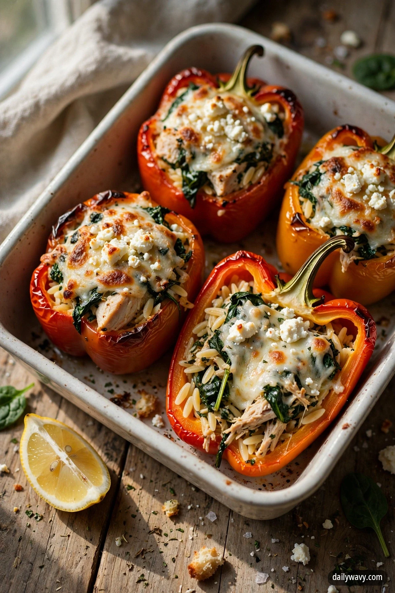 Roasted red bell peppers stuffed with chicken, orzo, spinach and feta in a baking dish, one pepper cut open to show the spinach-and-feta filling, with a lemon wedge beside the dish.