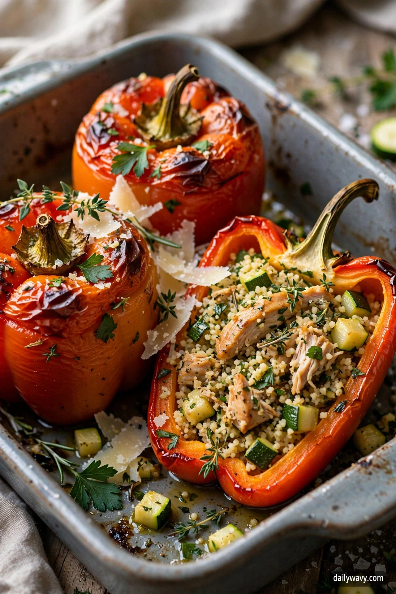 Roasted red bell peppers stuffed with chicken, farro, zucchini and herbs in a baking dish, one pepper cut open to show the zucchini-and-chicken filling with shaved Parmesan on top.