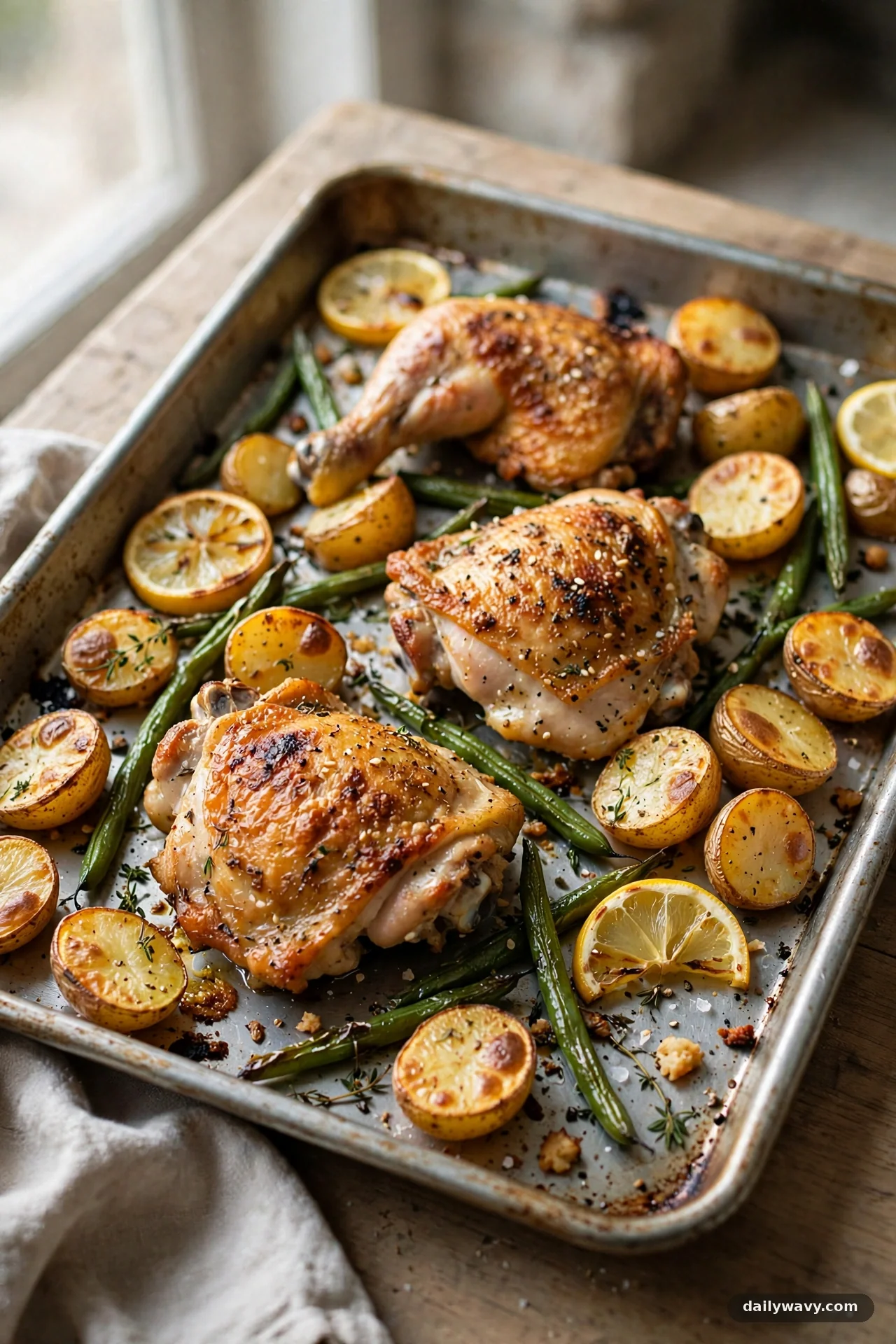 Sheet pan with roasted chicken thighs, lemon potatoes and green beans