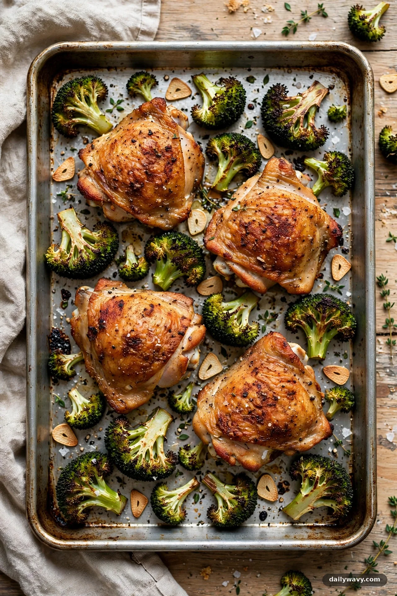 Sheet pan with roasted chicken thighs and charred broccoli florets with garlic