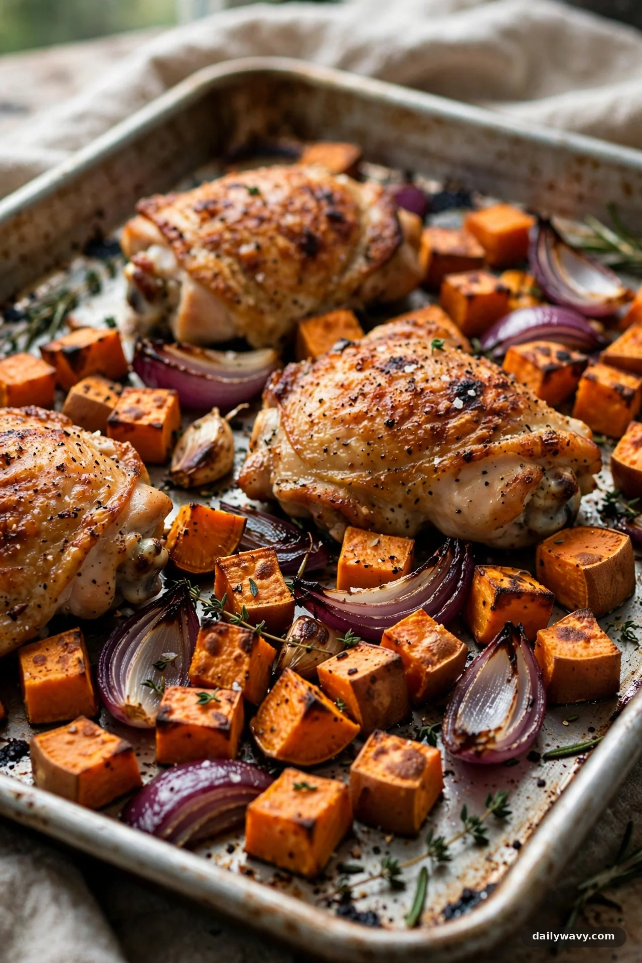Sheet pan with roasted chicken thighs, caramelized sweet potato cubes and red onion