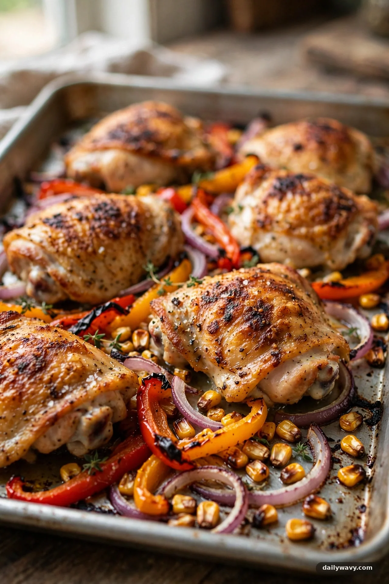 Sheet pan with roasted chicken thighs, sweet peppers and toasted corn