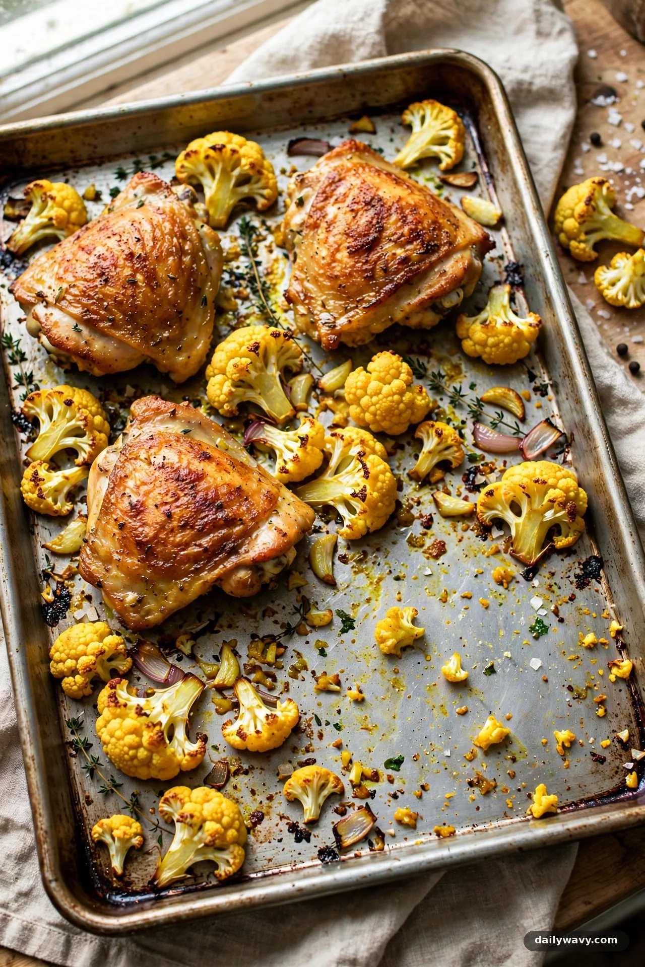 Sheet pan with roasted chicken thighs and golden turmeric cauliflower