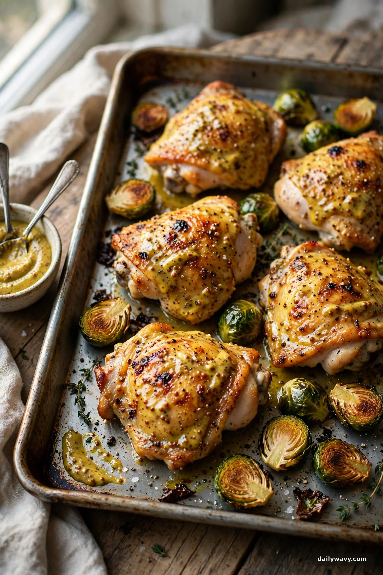 Sheet pan with mustard-glazed chicken thighs and caramelized brussels sprouts