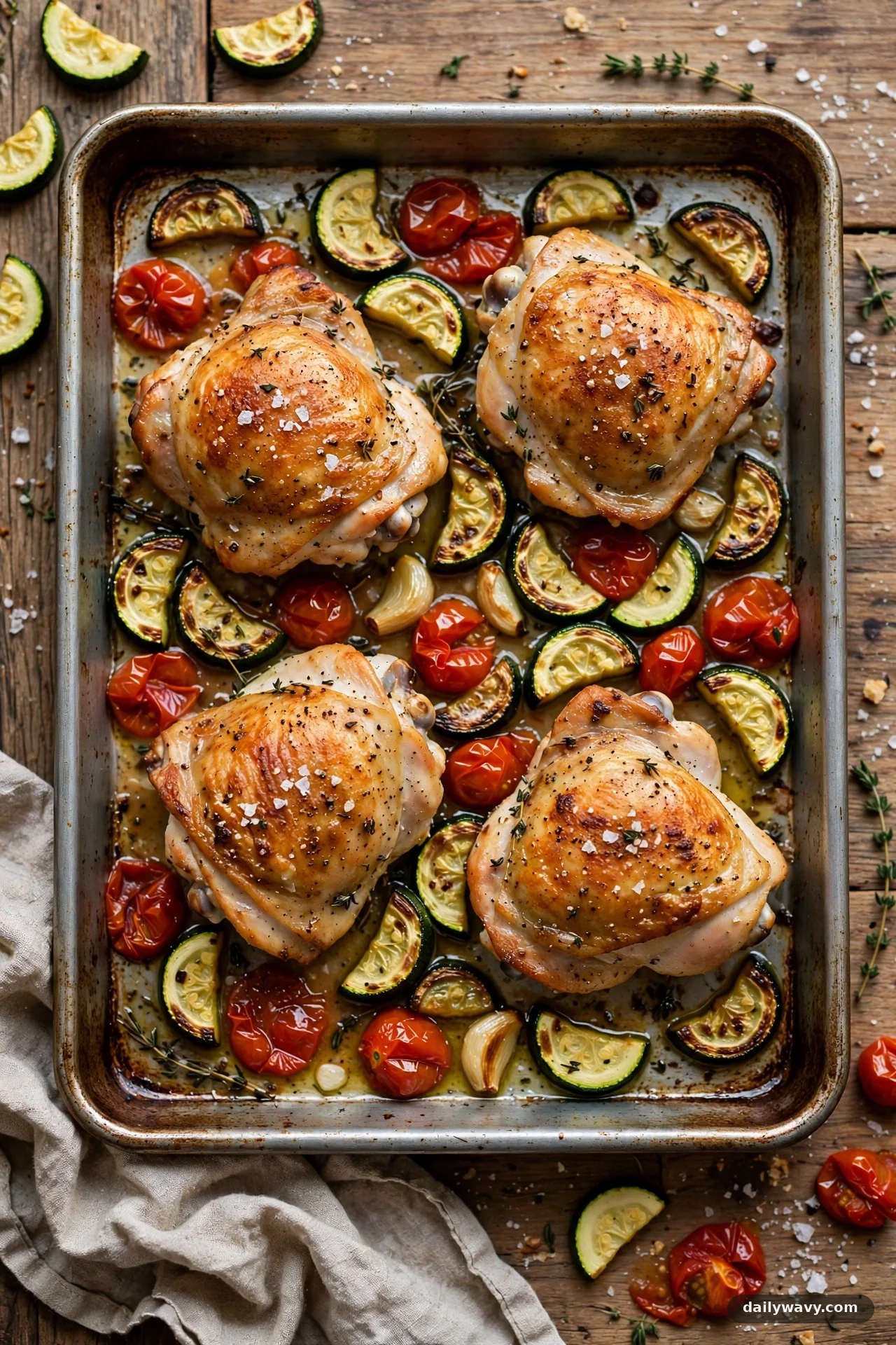 Sheet pan with roasted chicken thighs, zucchini and burst cherry tomatoes