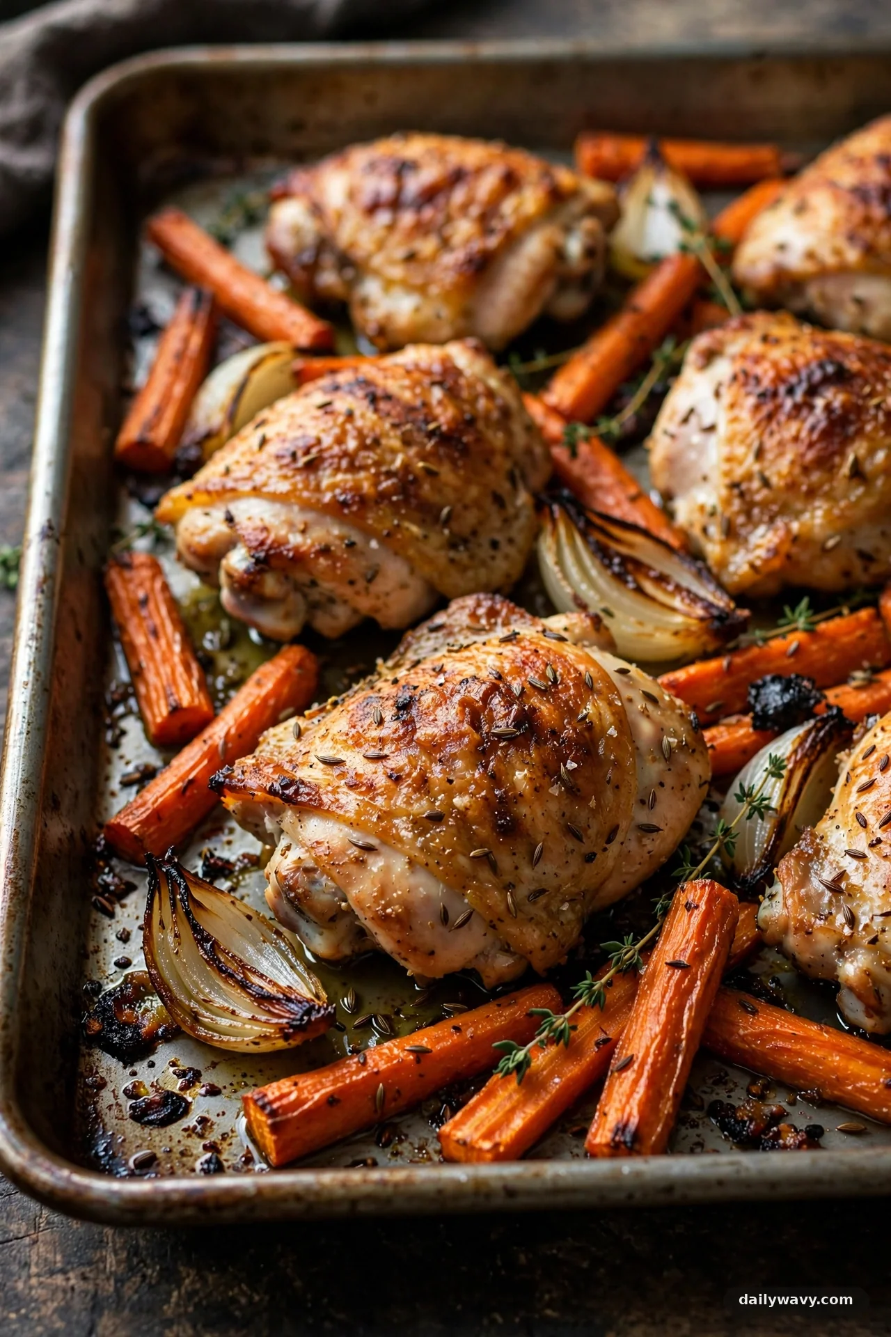 Sheet pan with roasted chicken thighs, cumin carrots and onion wedges