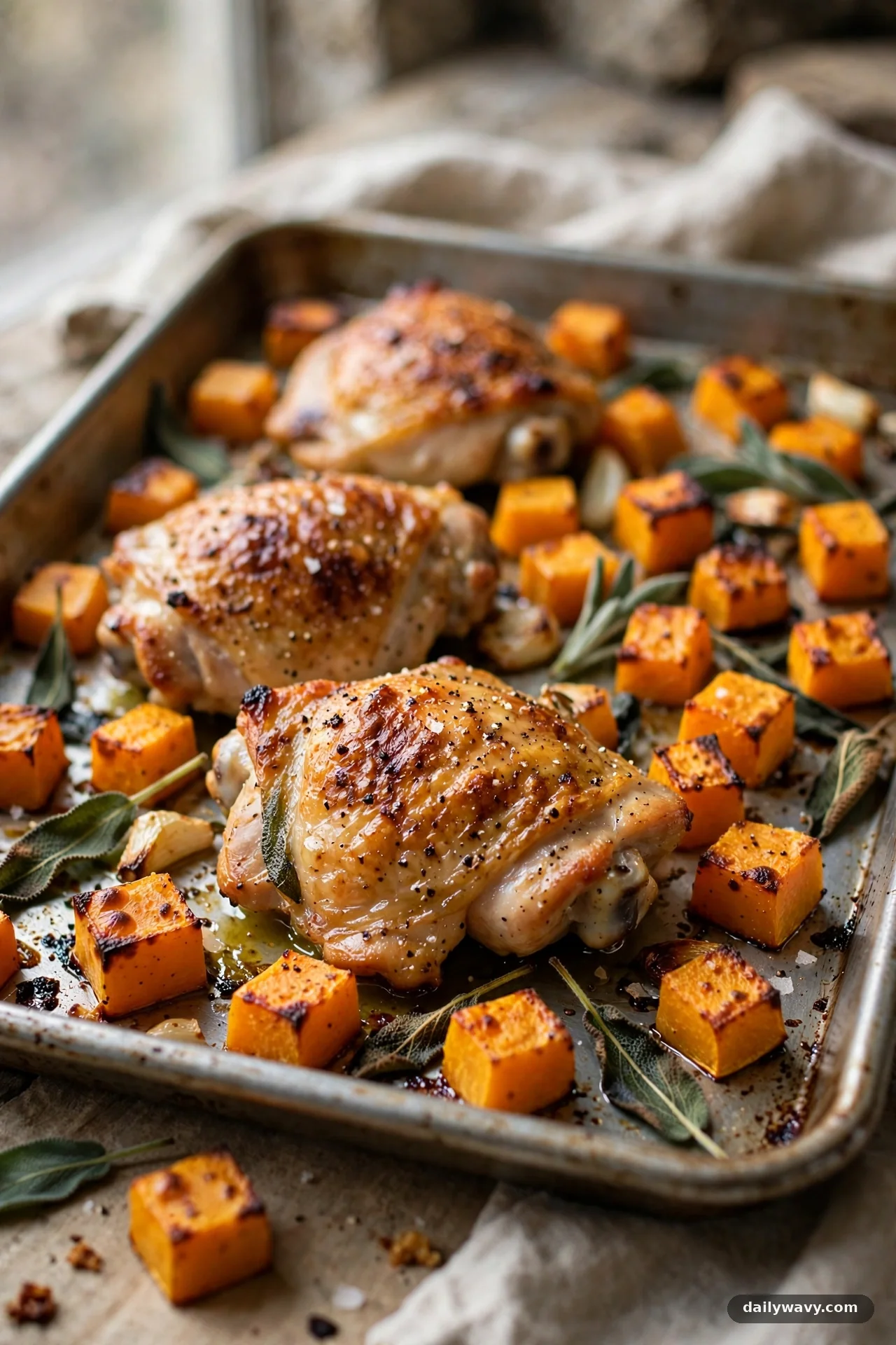 Sheet pan with roasted chicken thighs, butternut squash cubes and crisp sage