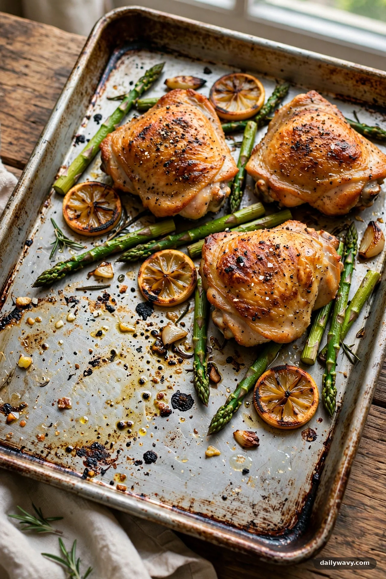 Sheet pan with roasted chicken thighs, asparagus spears and lemon slices