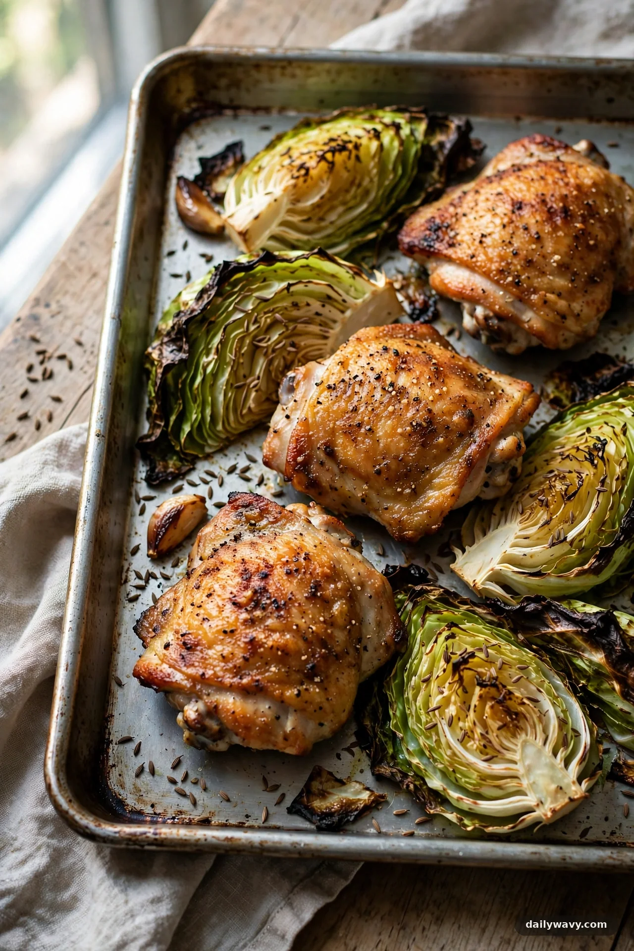 Sheet pan with roasted chicken thighs and caramelized cabbage wedges
