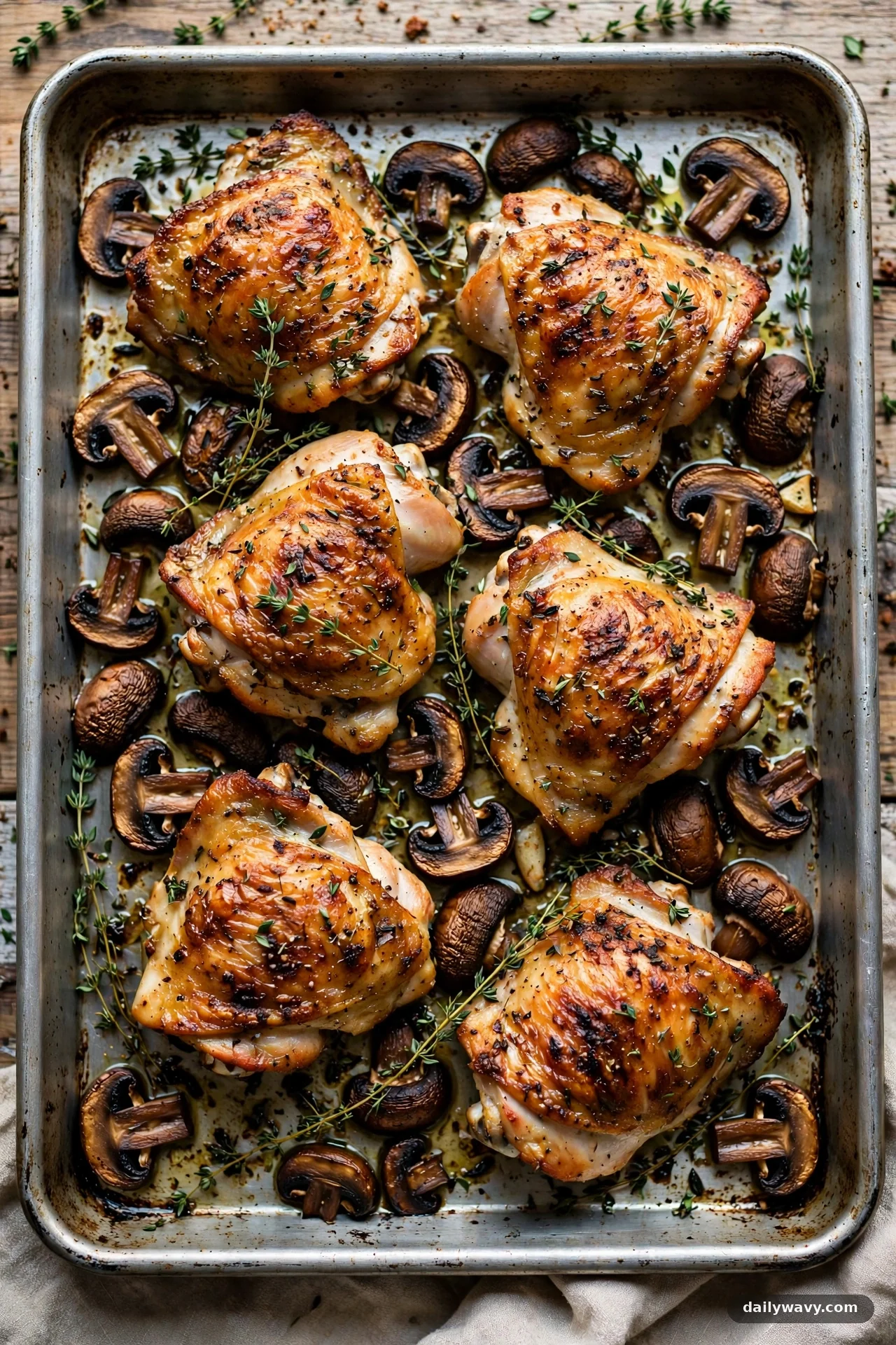 Sheet pan with roasted chicken thighs and browned thyme mushrooms