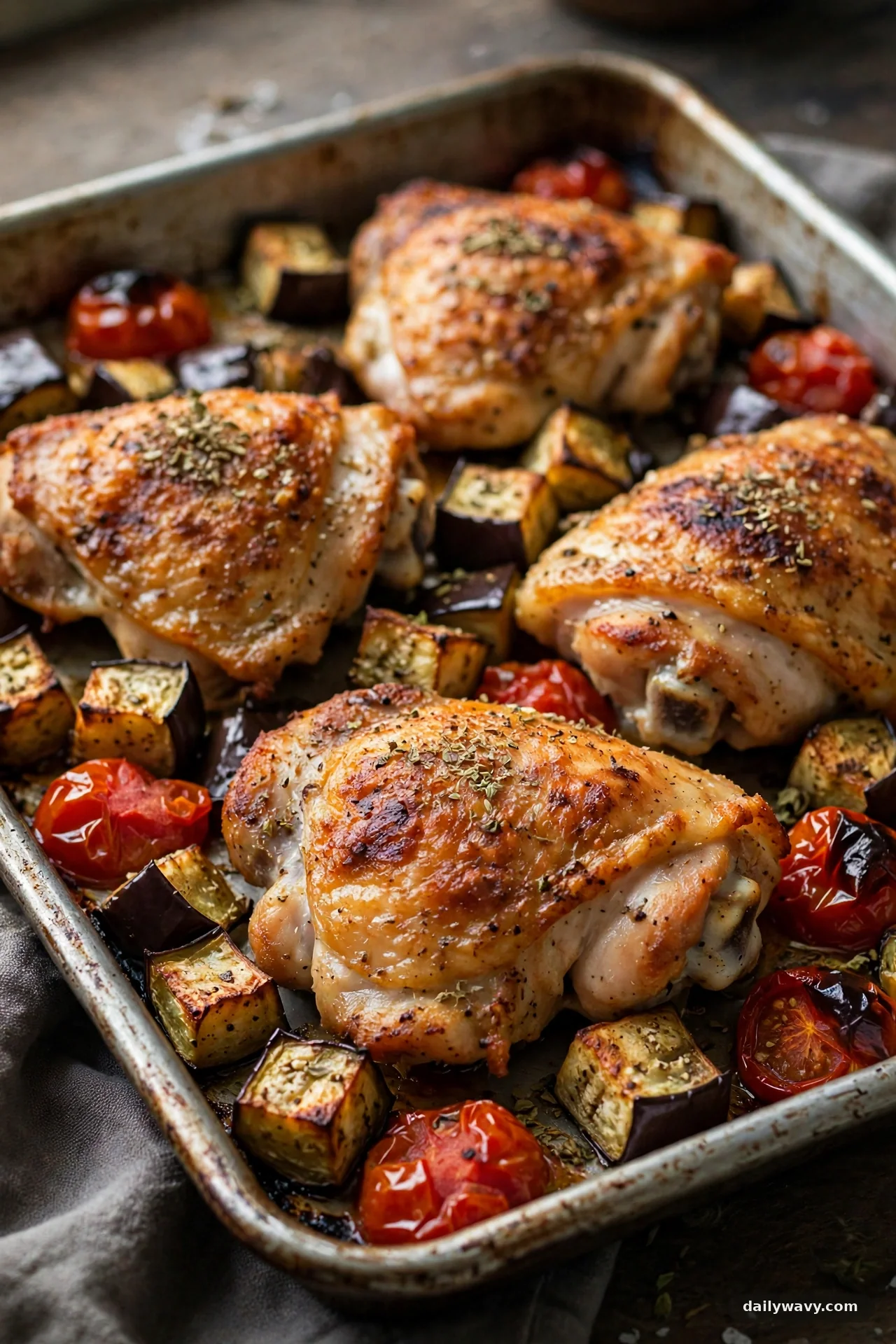Sheet pan with roasted chicken thighs, eggplant cubes and burst tomatoes