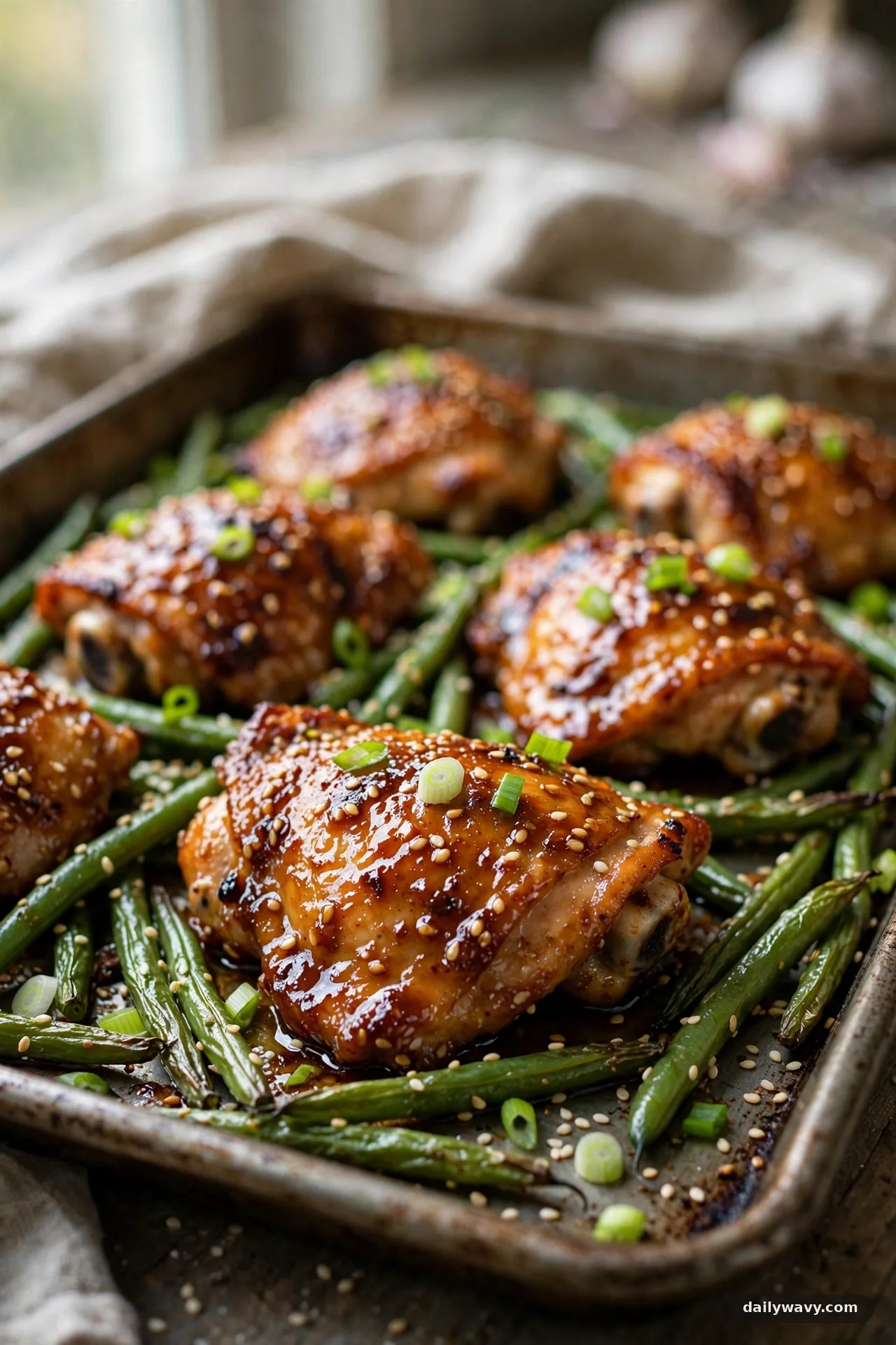 Sheet pan with sesame-soy glazed chicken thighs and green beans