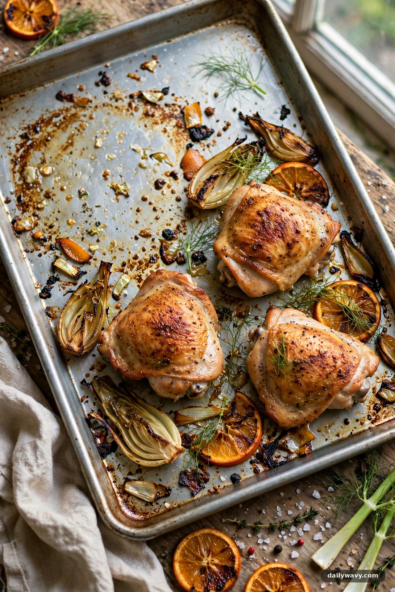 Sheet pan with roasted chicken thighs, fennel wedges and caramelized orange
