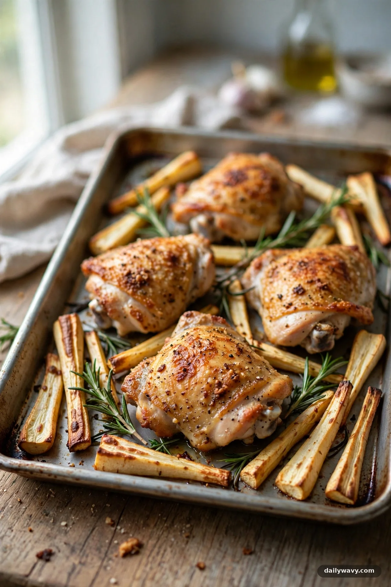 Sheet pan with roasted chicken thighs, parsnips and rosemary sprigs