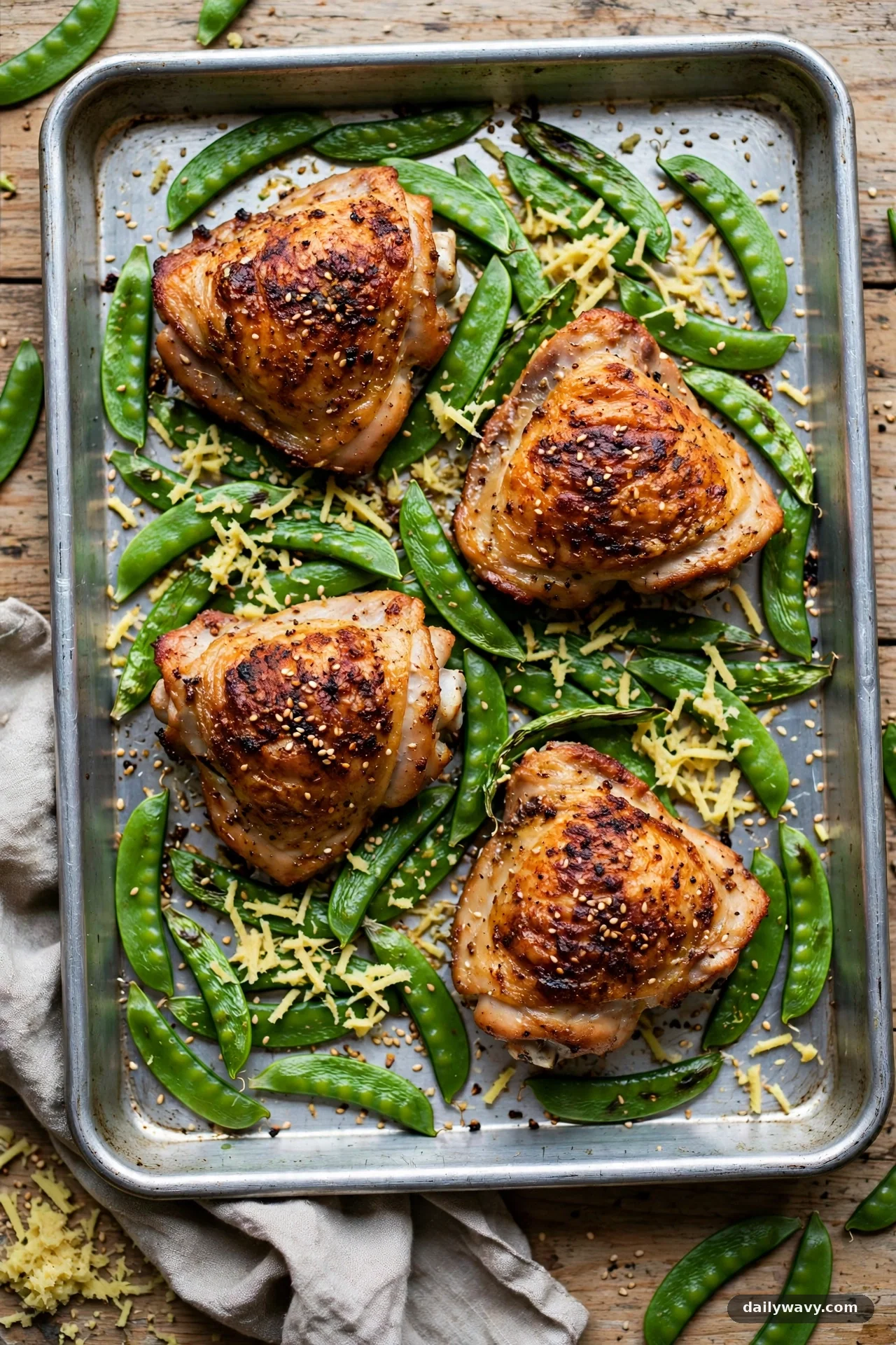 Sheet pan with ginger-glazed chicken thighs and bright green snap peas