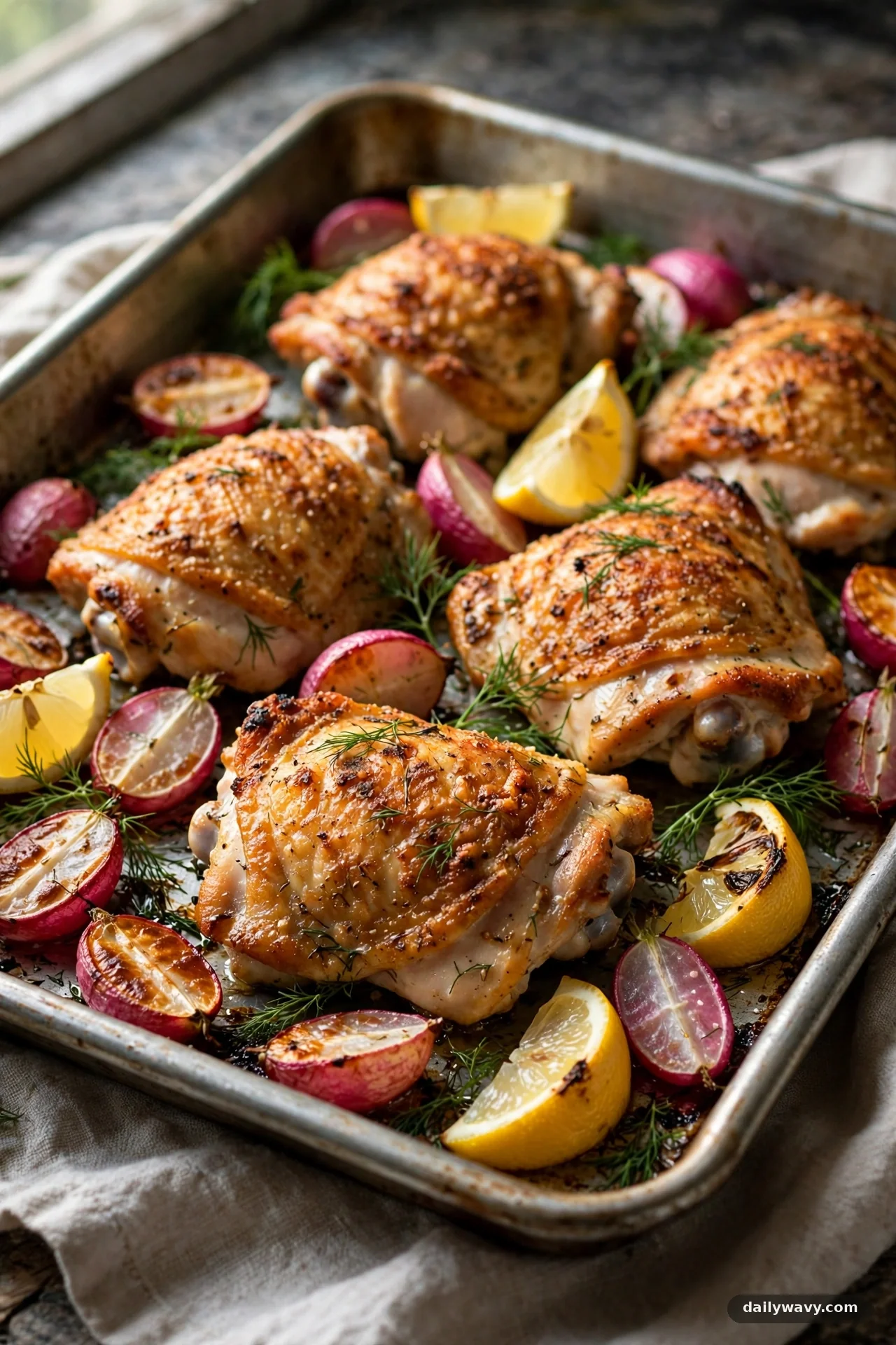 Sheet pan with roasted chicken thighs, mellowed radishes and fresh dill