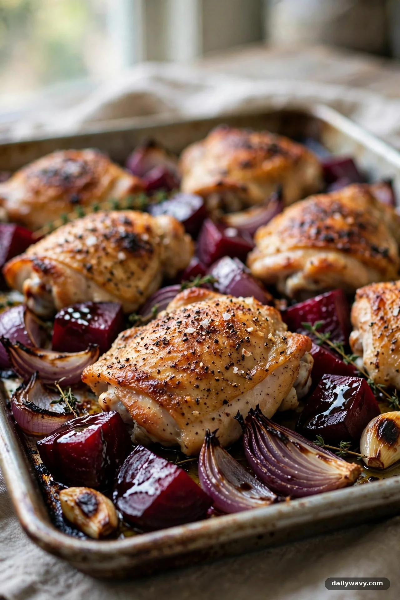 Sheet pan with roasted chicken thighs, balsamic beets and red onion