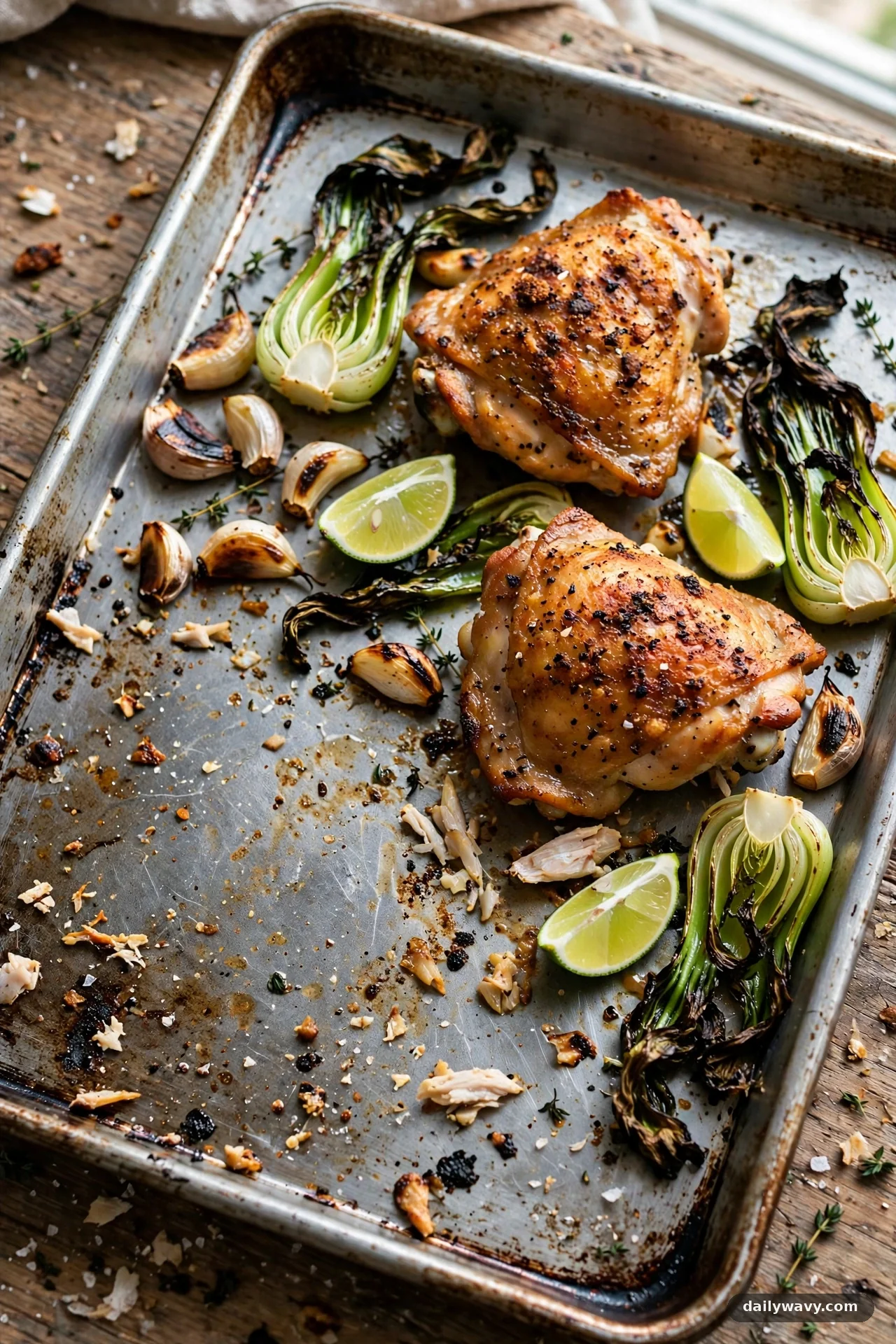 Sheet pan with roasted chicken thighs, wilted bok choy and lime wedges