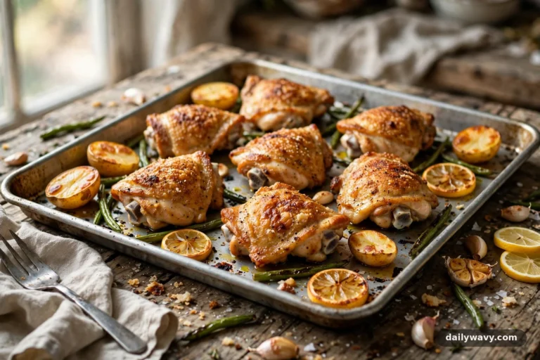 Sheet pan dinner with roasted chicken thighs, lemon potatoes and green beans in a complete styled scene