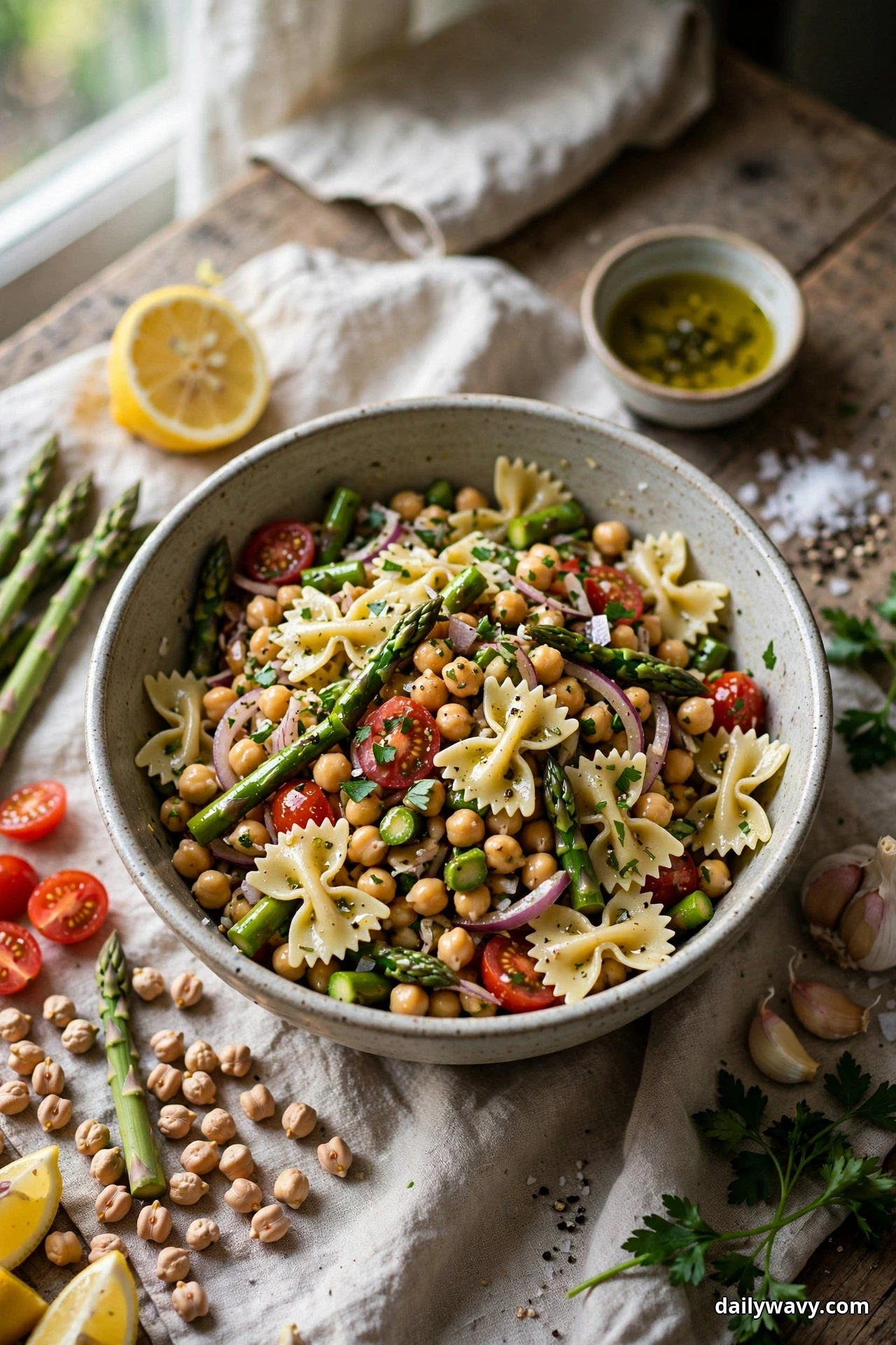 An overhead view of a speckled bowl of farfalle bow ties tossed with chickpeas and asparagus pieces in a lemon vinaigrette sits on linen beside a halved lemon, loose chickpeas and a small bowl of dressing