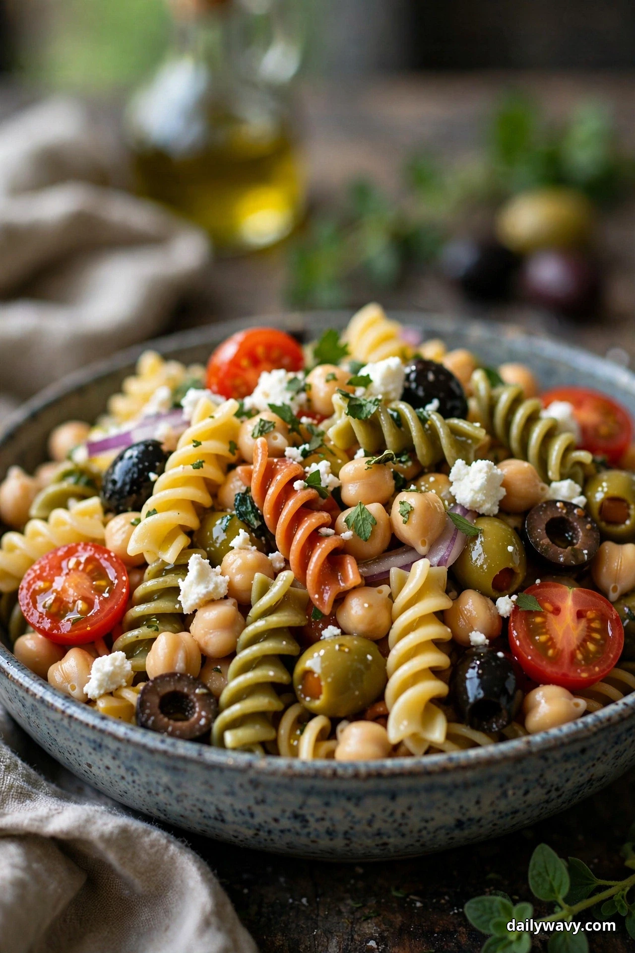 A close view of tricolor spiral pasta tossed with chickpeas, green and black olives, halved cherry tomatoes and crumbled feta fills a blue speckled bowl