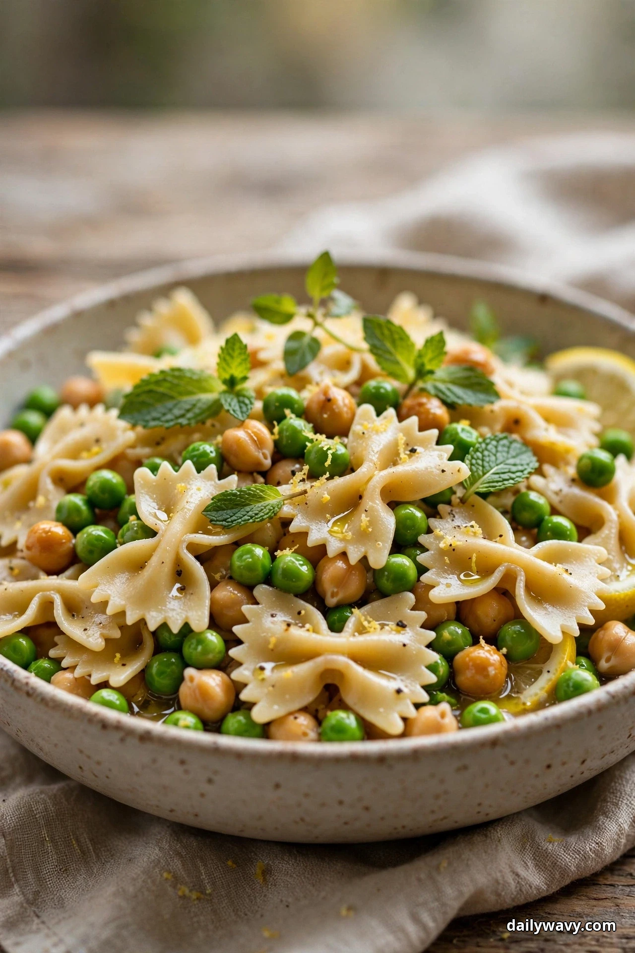An eye-level view of a shallow speckled bowl of farfalle bow ties tossed with chickpeas and bright green peas is topped with fresh mint leaves and lemon zest