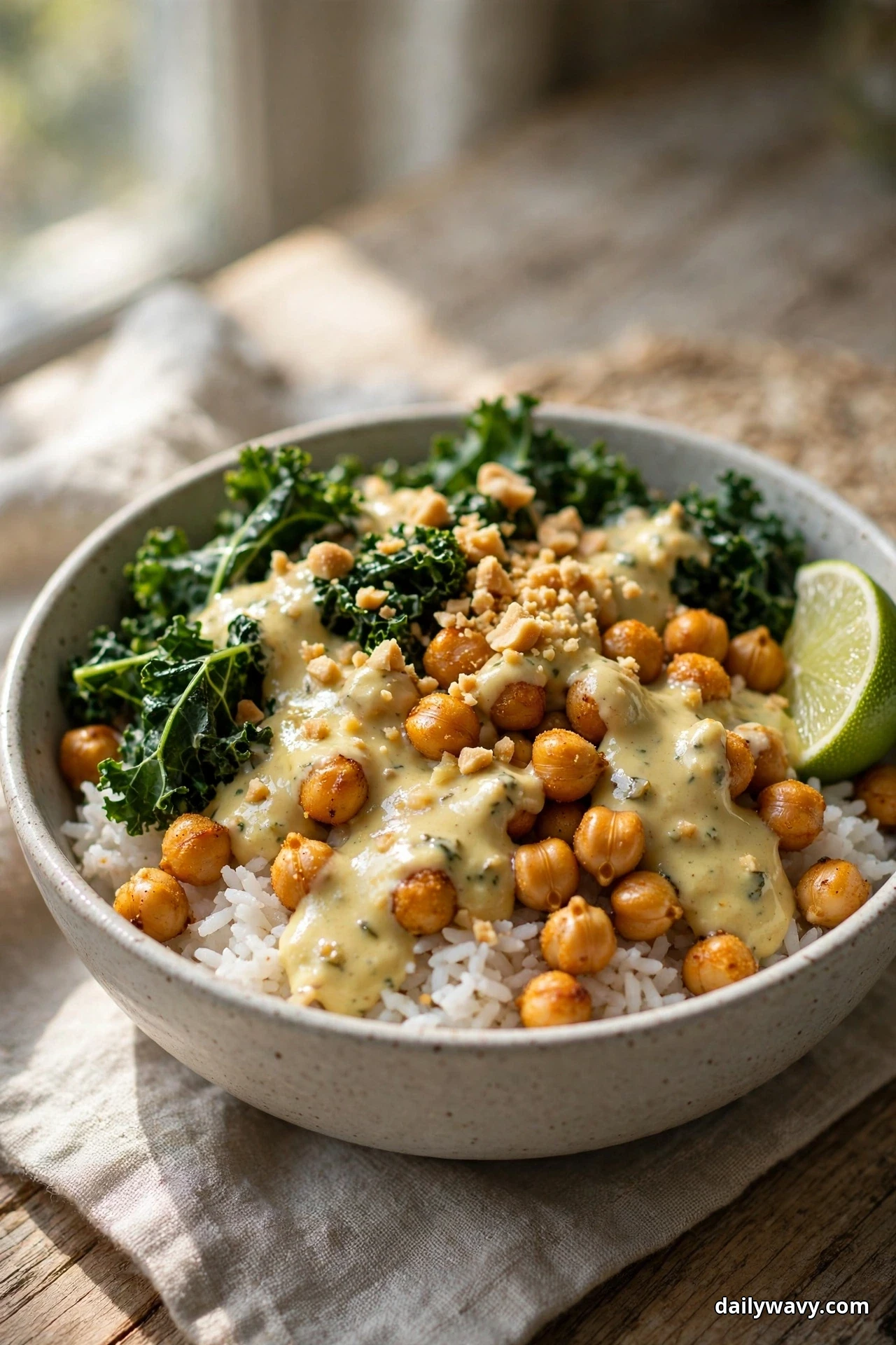 A bowl of white rice topped with roasted chickpeas and kale under a creamy yellow coconut sauce is finished with crushed peanuts and a lime wedge