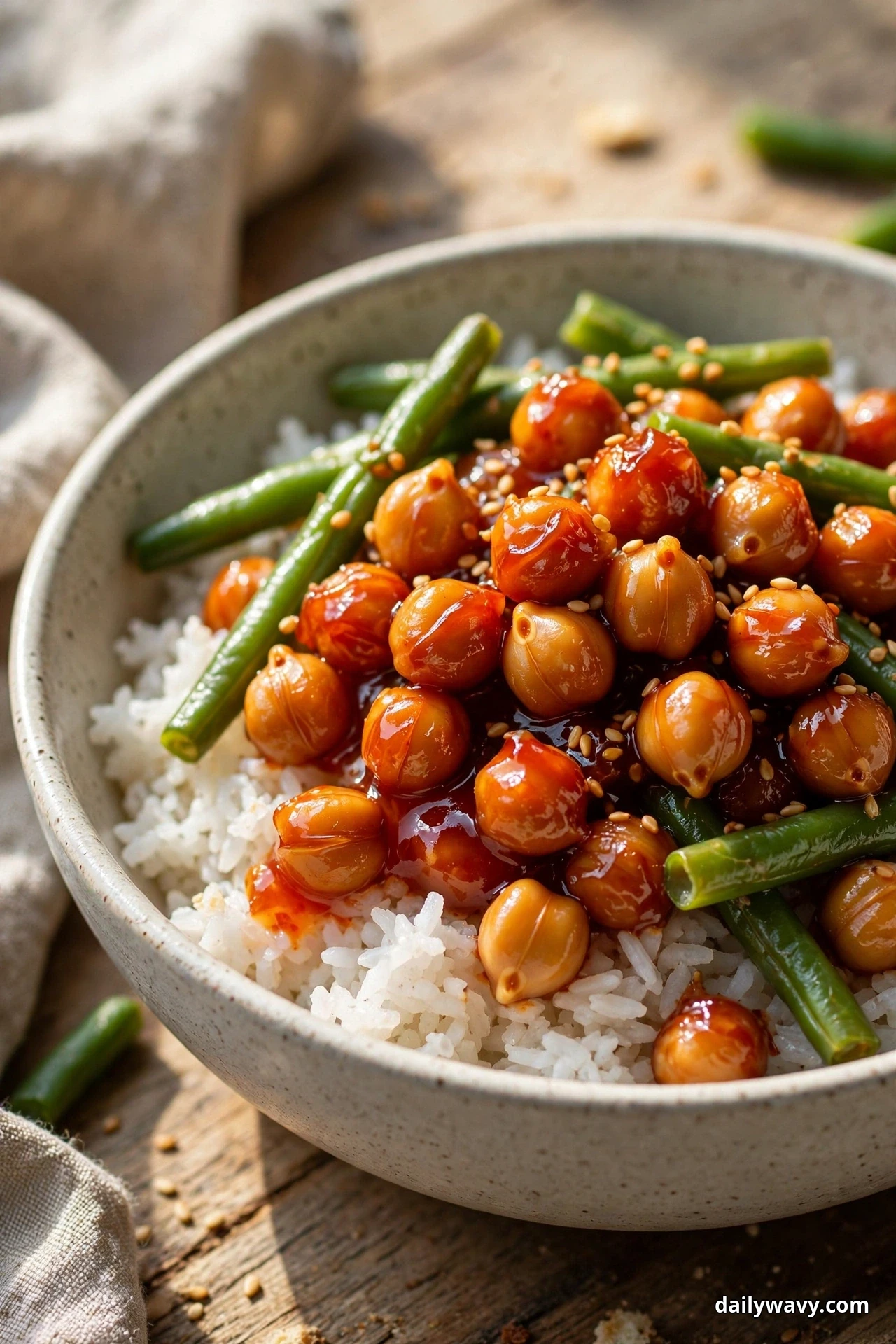 A close view of a bowl of white rice topped with glossy red sweet chili chickpeas and whole green beans is sprinkled with sesame seeds
