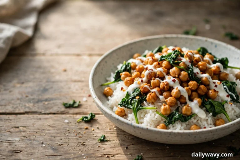 A speckled ceramic bowl of white rice topped with roasted chickpeas, wilted spinach and a drizzle of white garlic sauce with red pepper flakes sits on a rustic wooden table