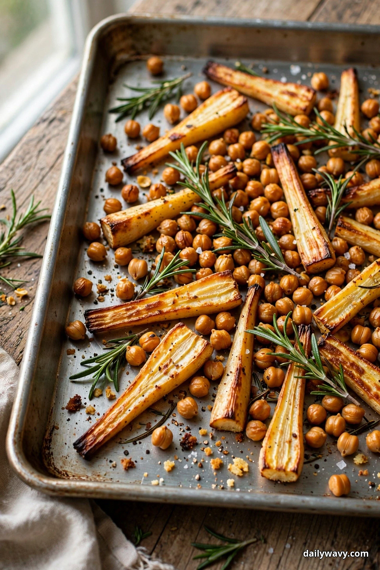 Roasted parsnip sticks and golden chickpeas with fresh rosemary sprigs fill a metal sheet pan on a wooden table beside a window