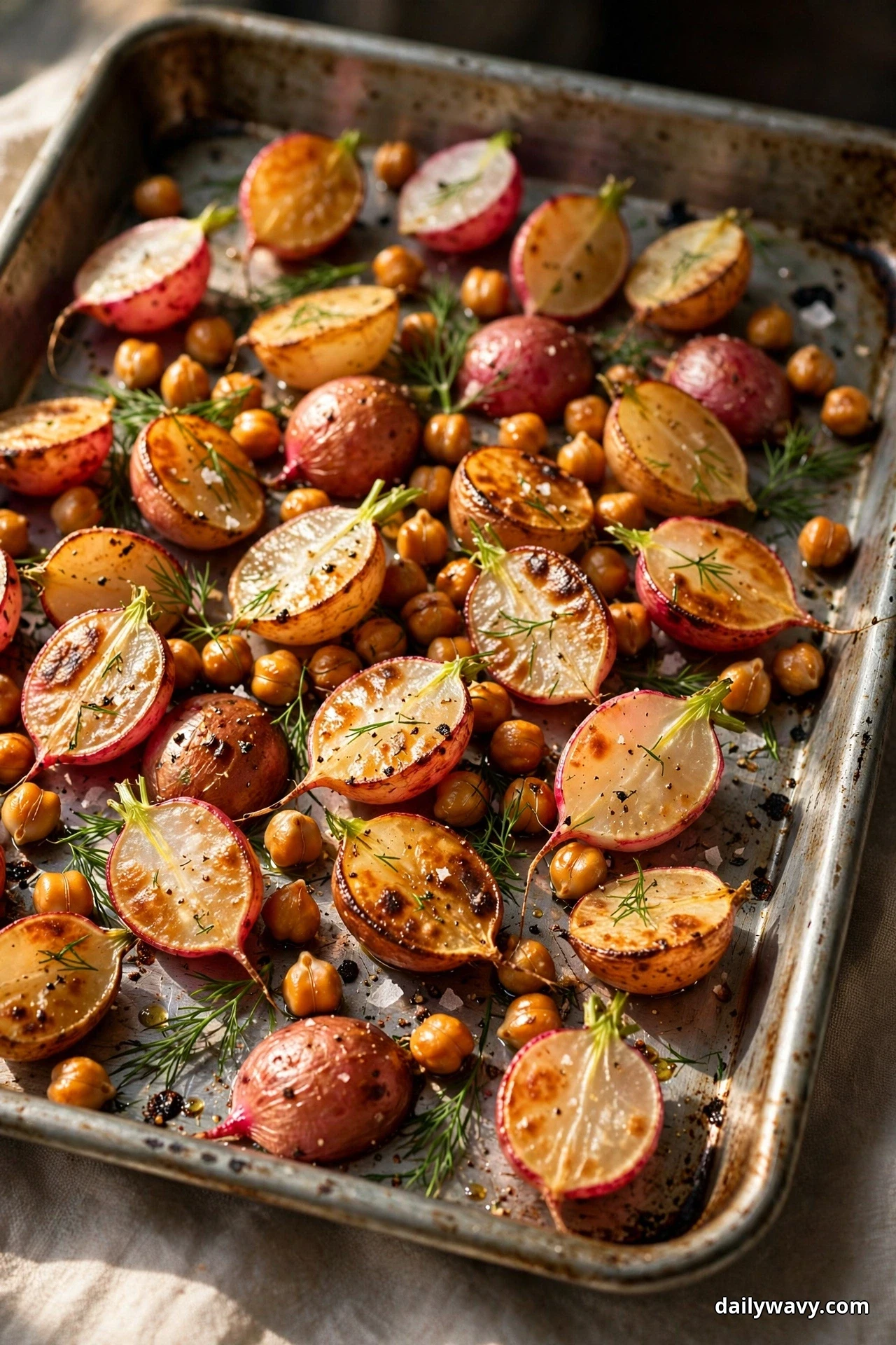 Halved roasted radishes with golden cut faces, chickpeas and dill fronds fill a metal sheet pan in close view