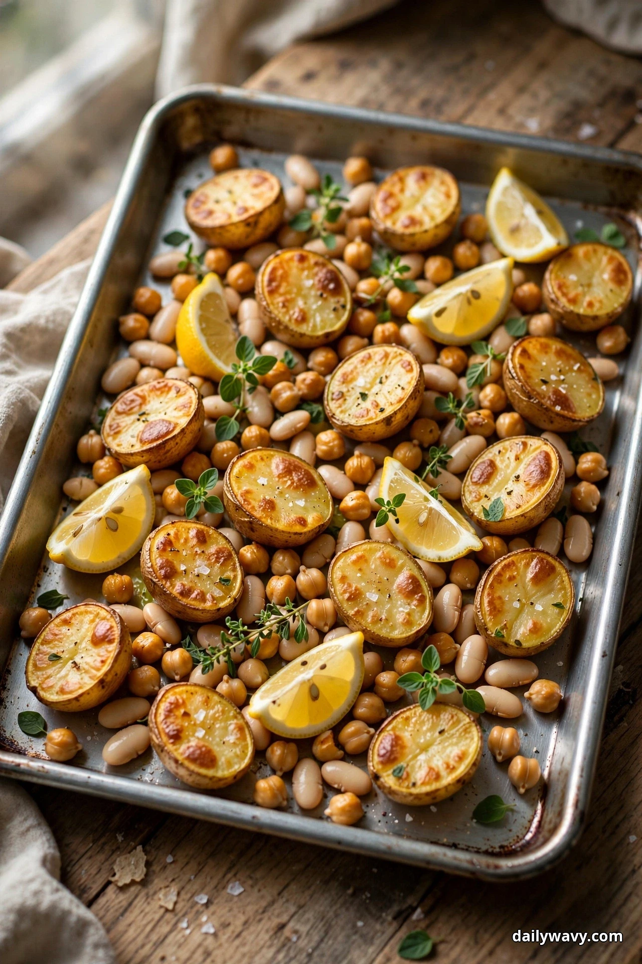 Halved roasted baby potatoes, chickpeas, white cannellini beans and lemon wedges fill a metal sheet pan on a wooden table