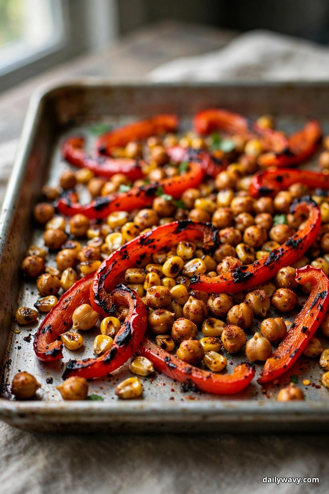 Charred red bell pepper strips, golden corn kernels and seasoned chickpeas fill a metal sheet pan beside a window