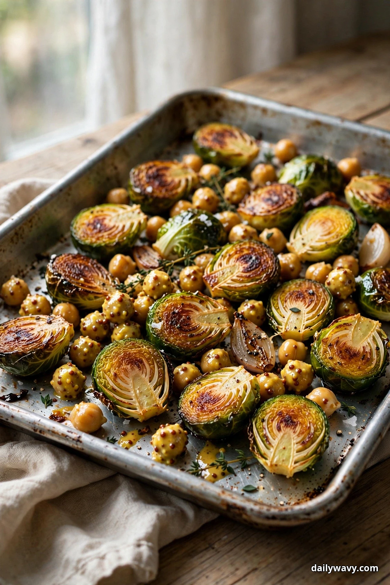 Halved Brussels sprouts with deeply caramelized cut faces and mustard-glazed chickpeas fill a metal sheet pan