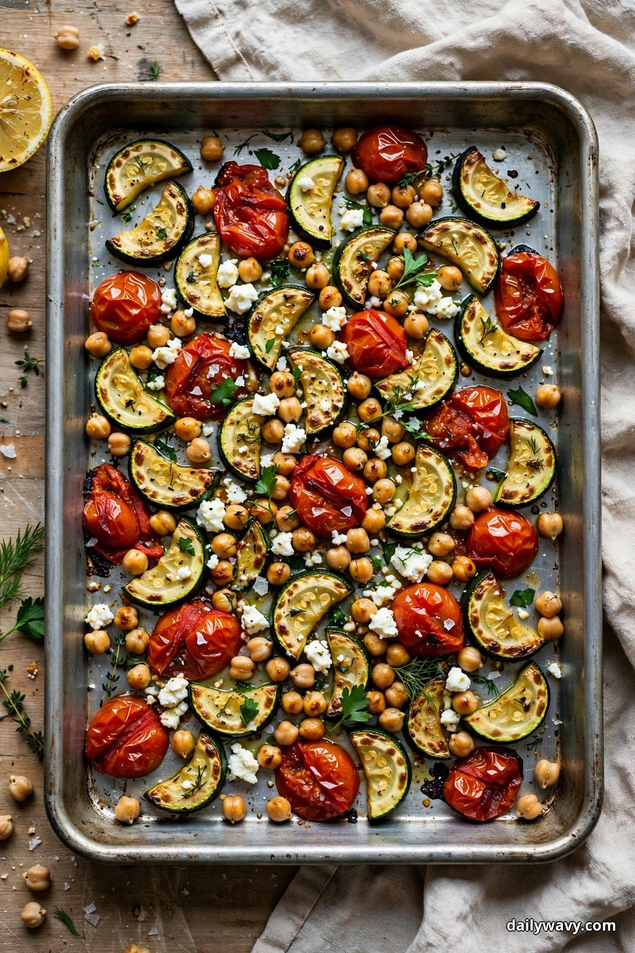 Seen from above, roasted zucchini half-moons, burst tomatoes, chickpeas and crumbled feta cover a metal sheet pan