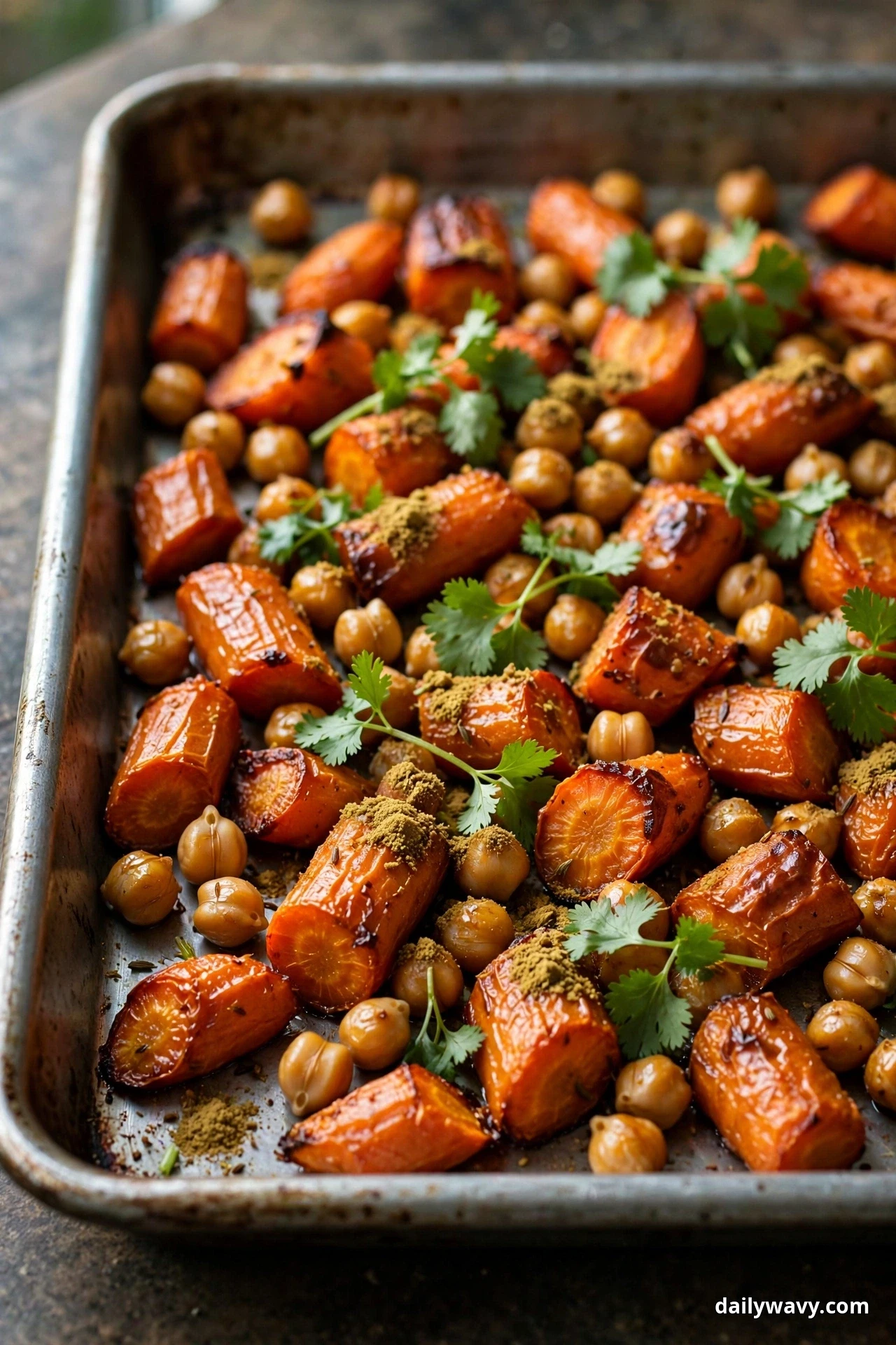 Chunky roasted carrot pieces dusted with ground cumin, chickpeas and fresh cilantro leaves fill a metal sheet pan in close view