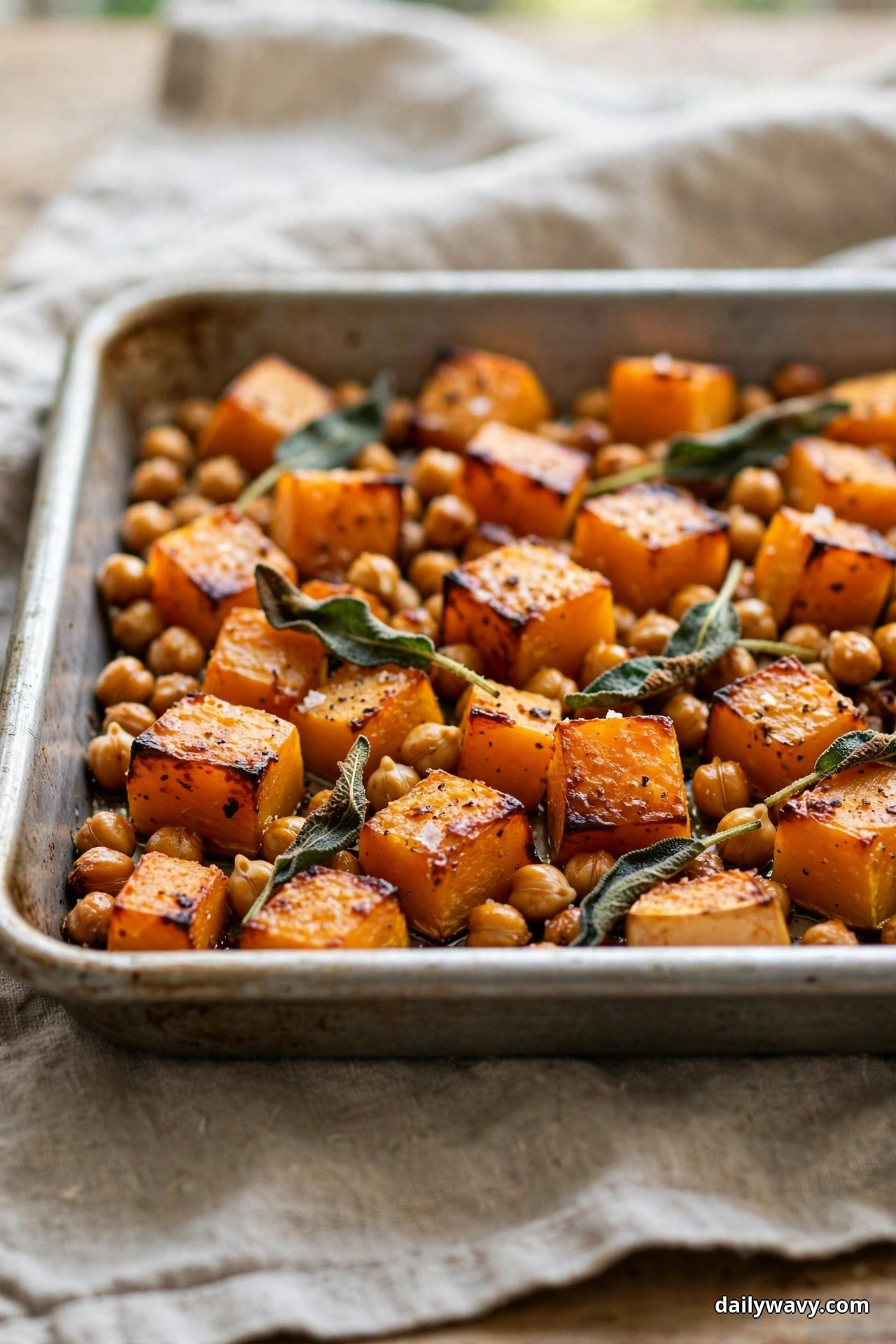Caramelized butternut squash cubes, chickpeas and crisped sage leaves fill a metal sheet pan on linen in close view